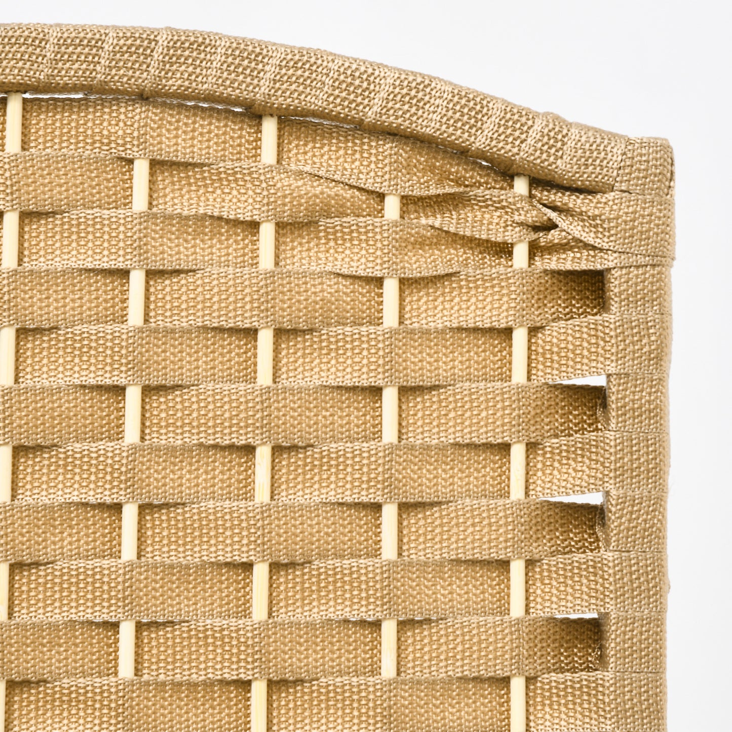 Closeup of a woven textured beige fabric basket weave detail with vertical bamboo supports