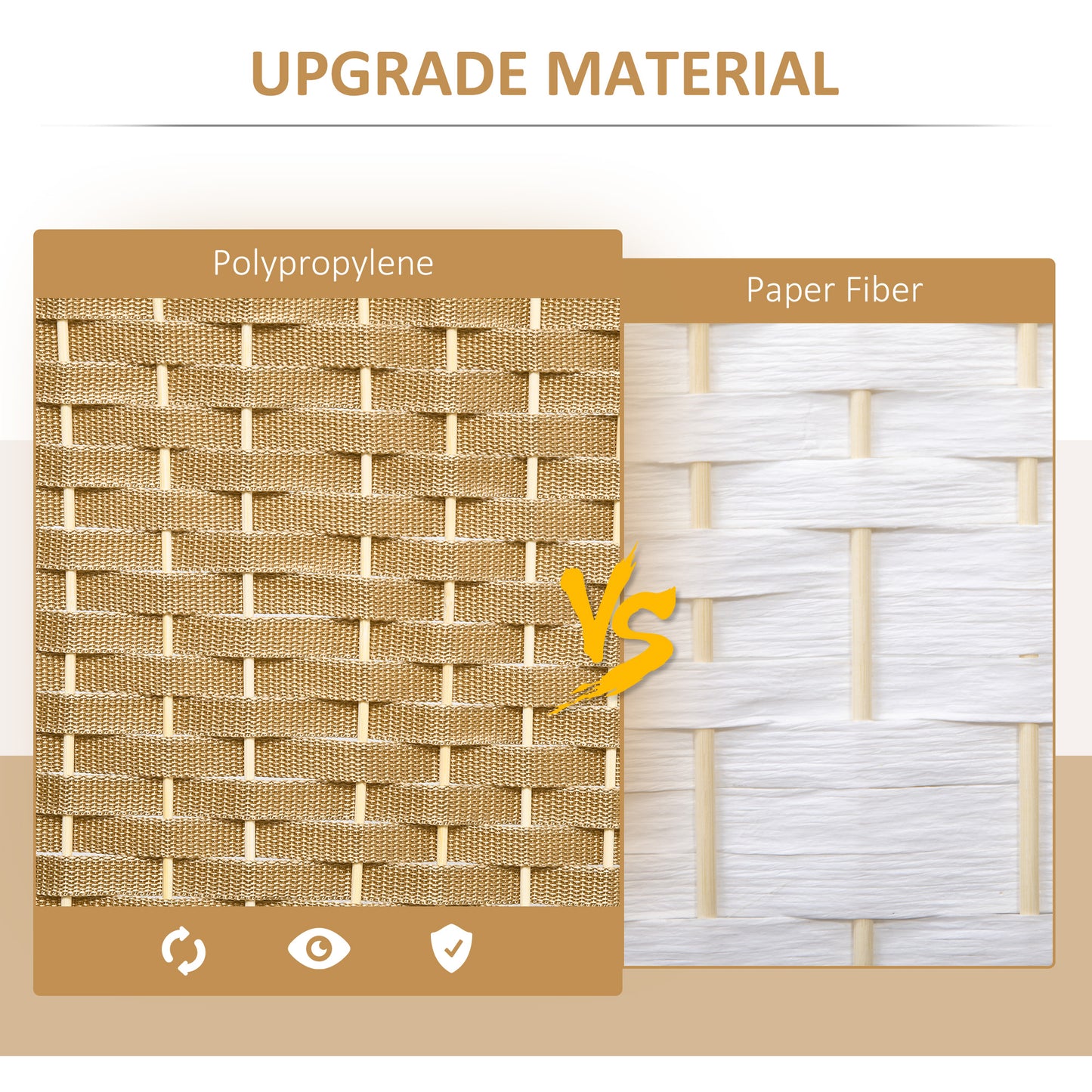 Closeup of woven tan polypropylene material on left versus white paper fiber material on right