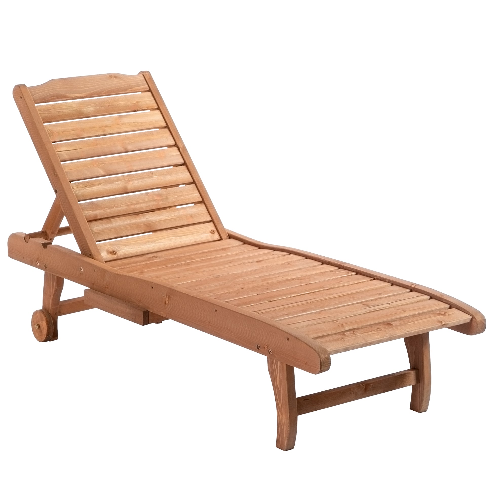 Natural wood patio lounge chair with adjustable back and wheels for outdoor relaxation