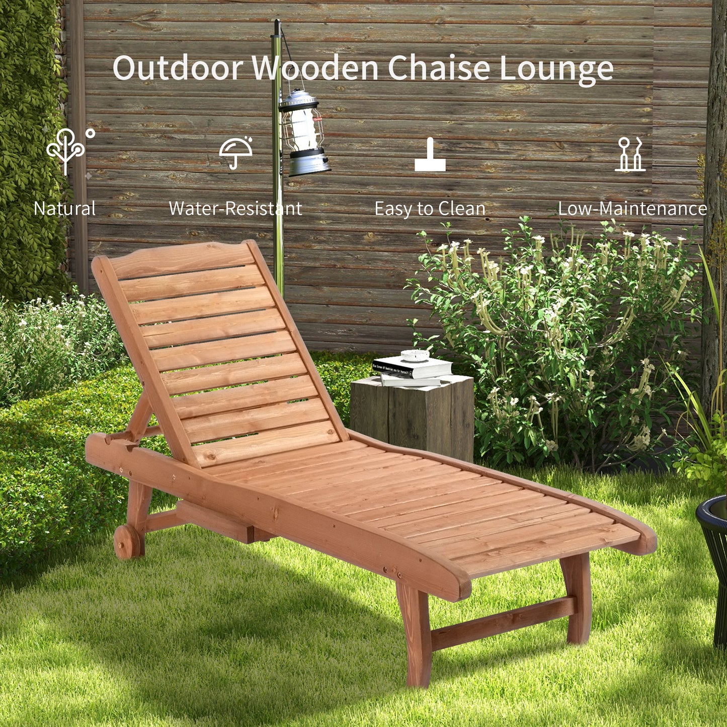 Natural wood chaise lounge with adjustable backrest on green grass