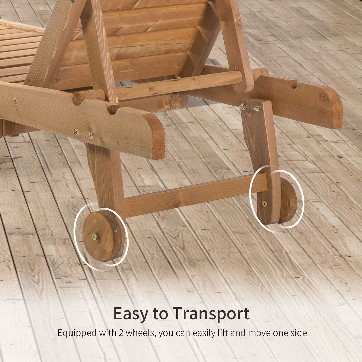Wooden chaise lounge with two wheels for easy transport on deck