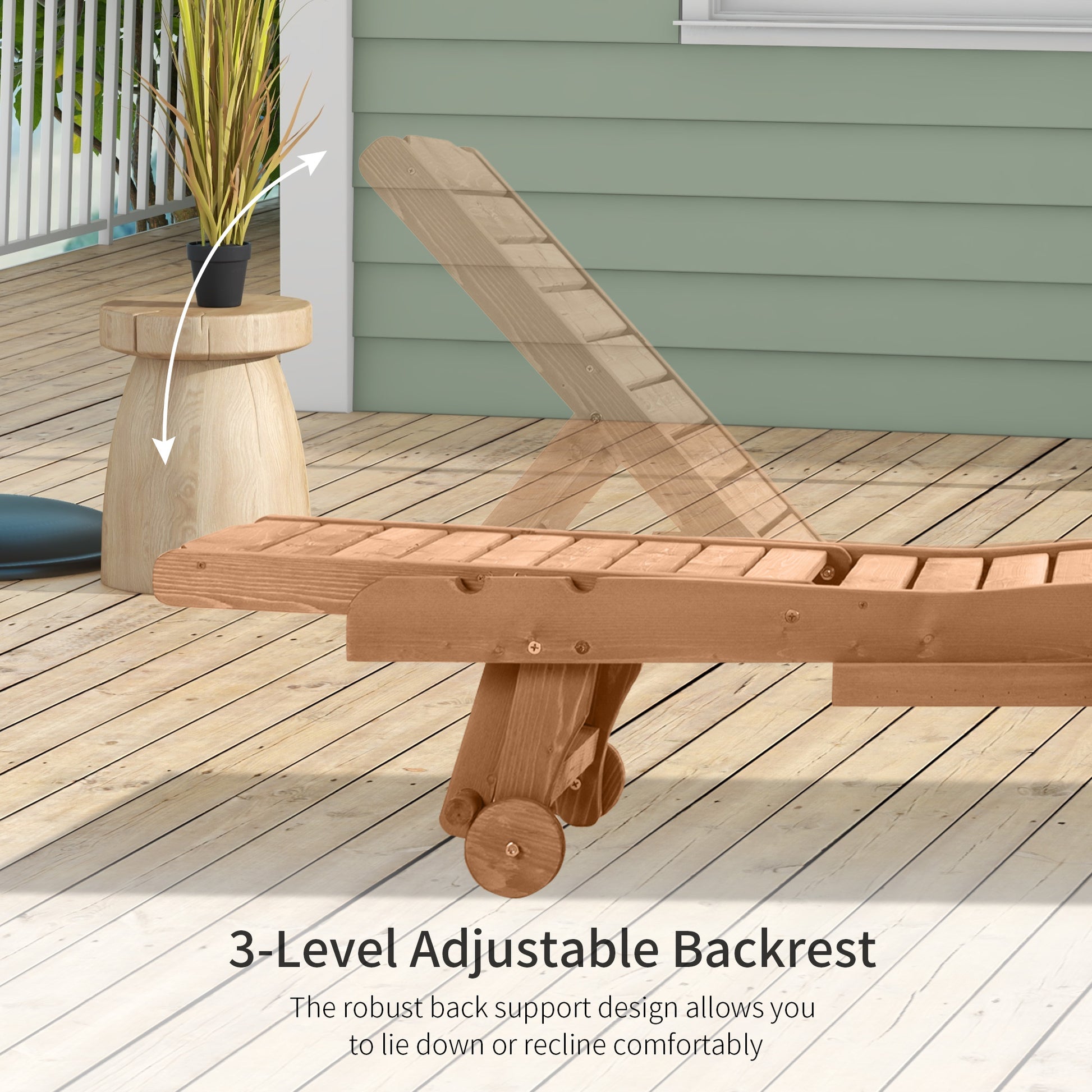 Wooden chaise lounge with a level adjustable backrest