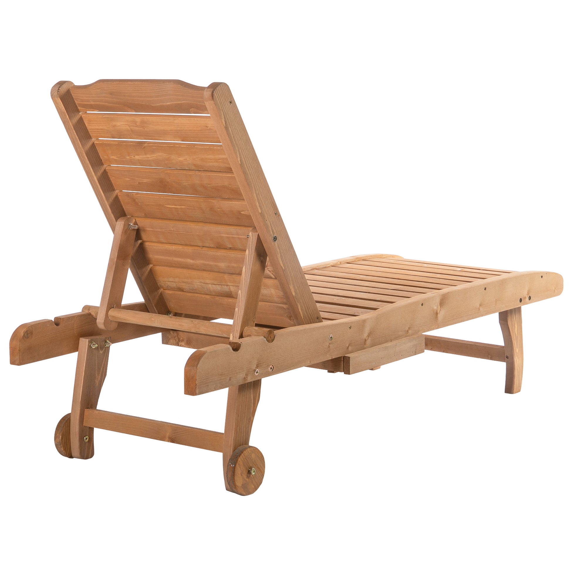 Natural wood chaise lounge with adjustable back and wheels