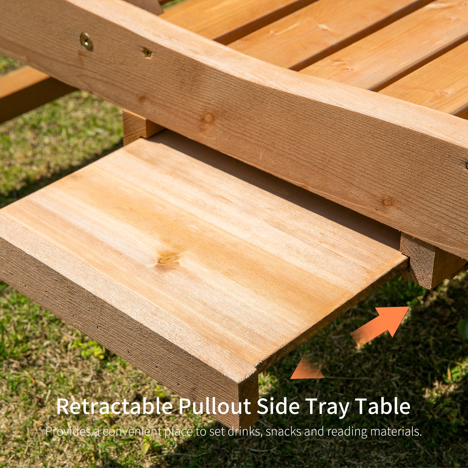 Wooden pullout tray table for outdoor furniture natural wood finish