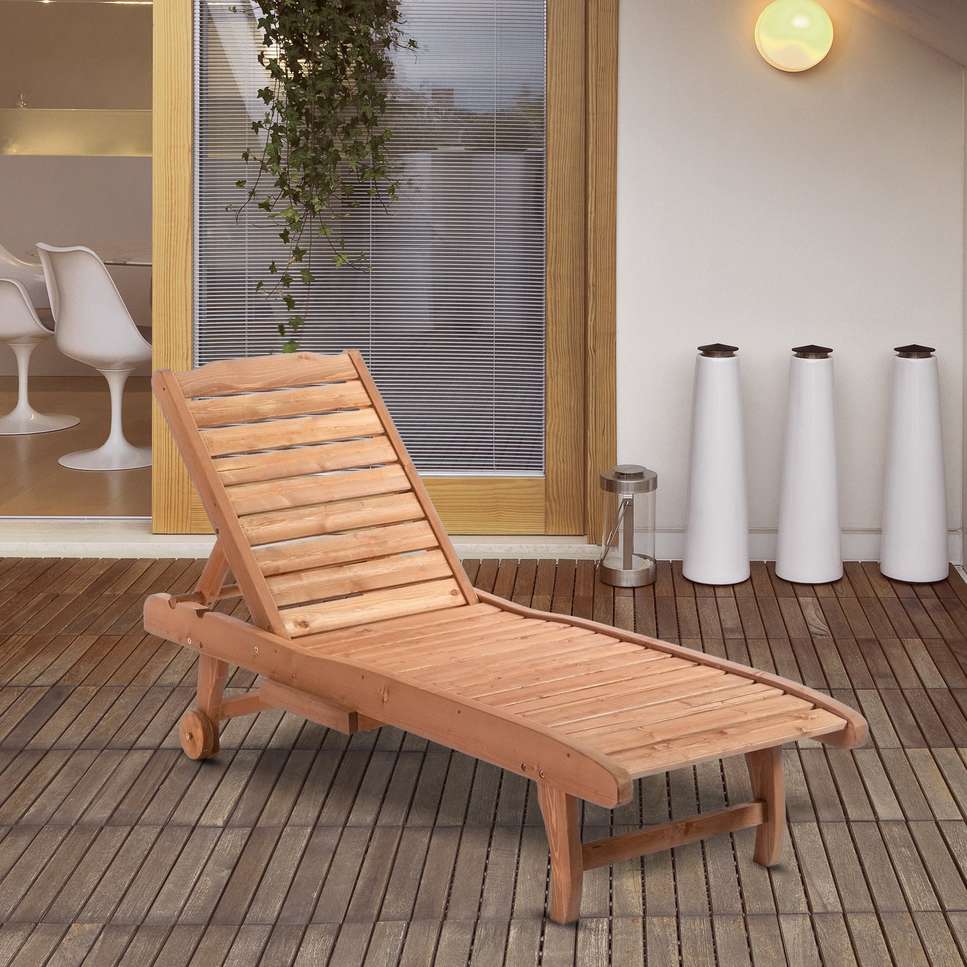 Natural wood adjustable lounger for patio relaxation and sunbathing