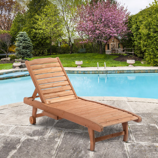 Wooden pool chaise lounge chair with adjustable backrest and wheels