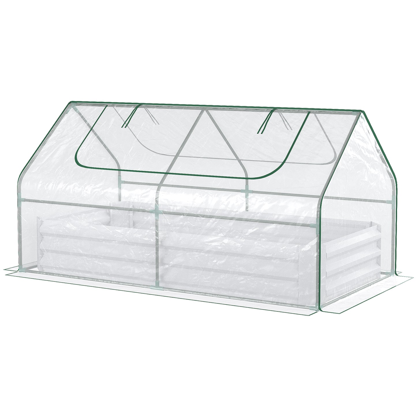Clear plastic mini greenhouse with a white raised garden bed inside green trim