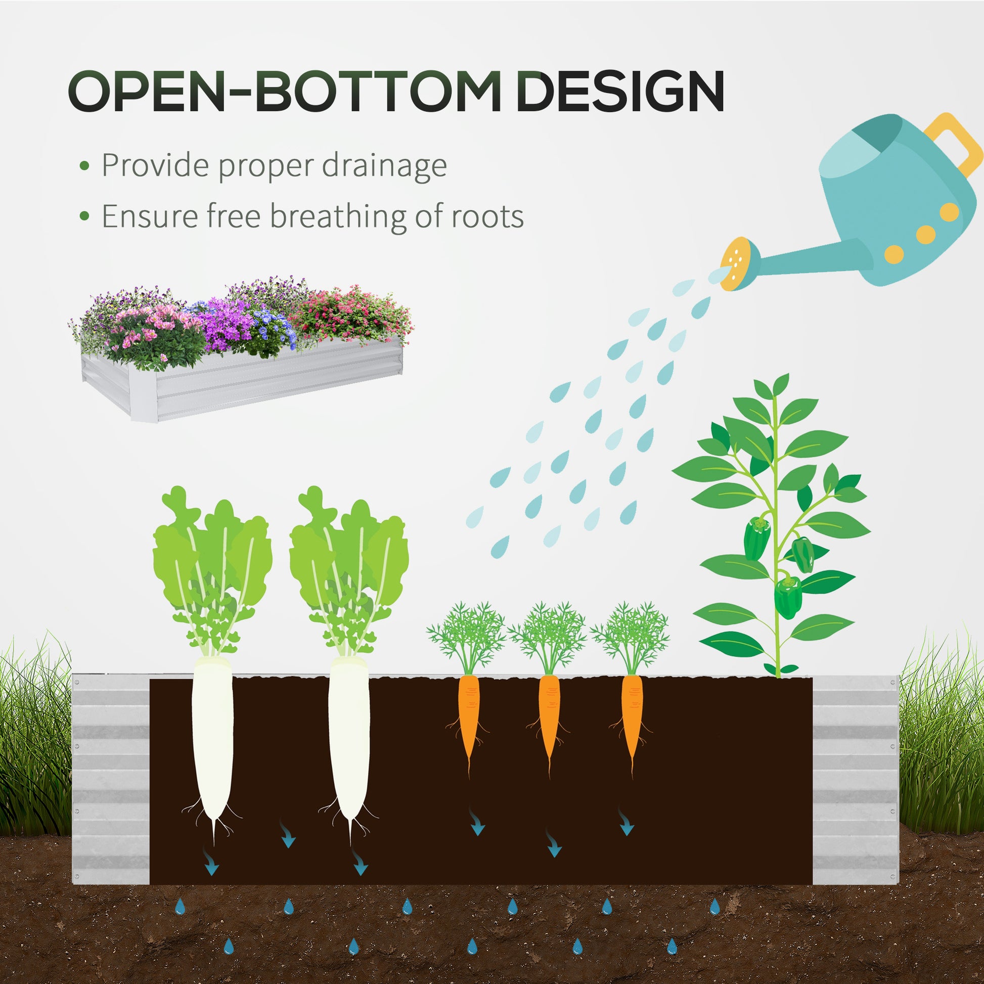 Raised garden bed with flowers and vegetables showing openbottom drainage