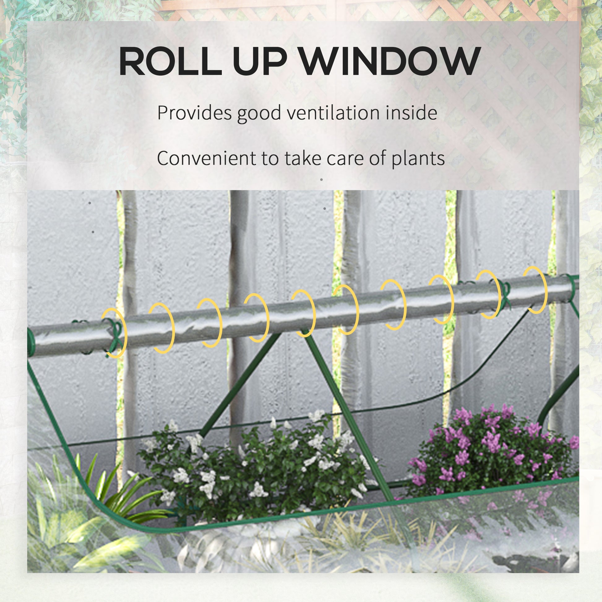 Clear roll up window on a portable greenhouse ideal for plant ventilation