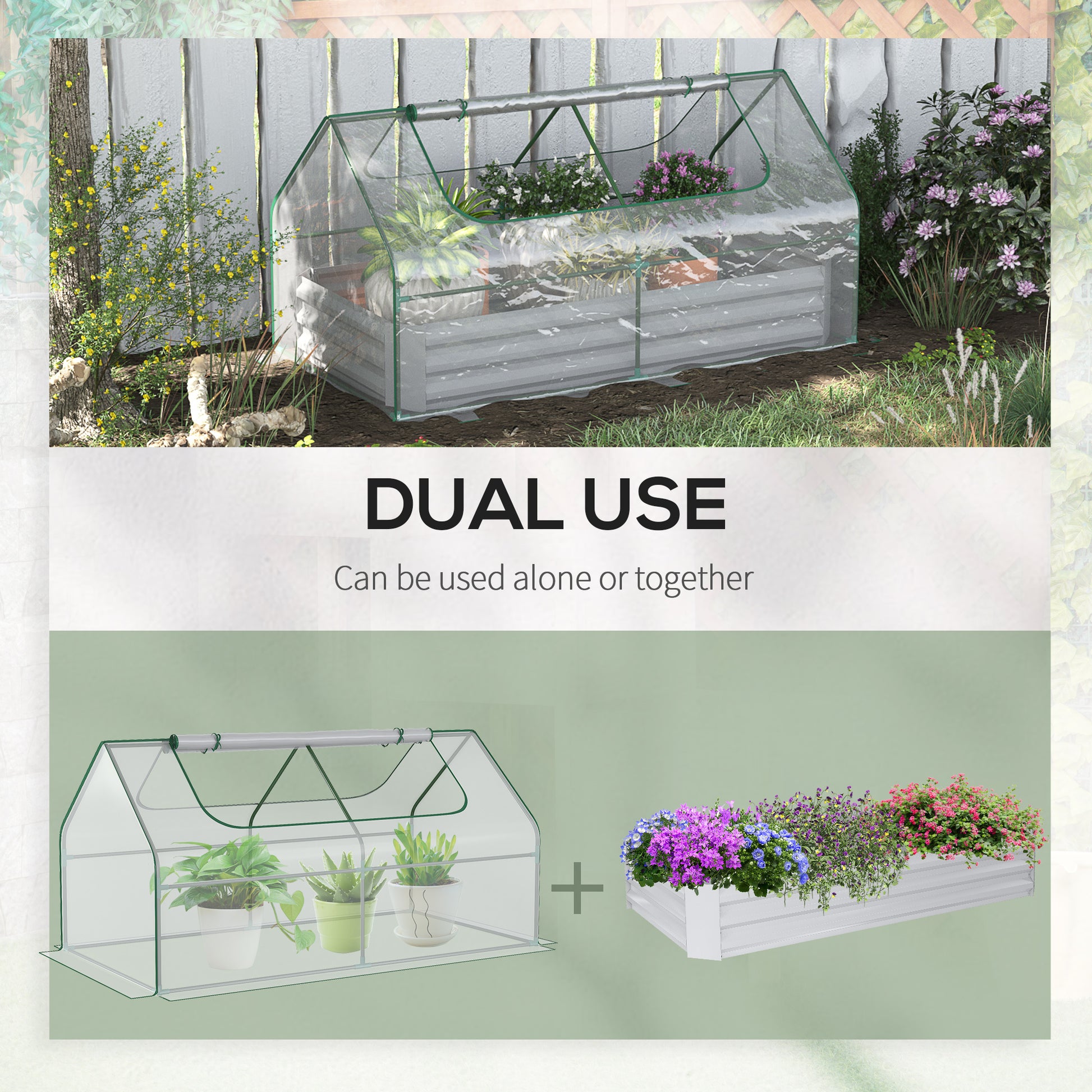 Mini greenhouse with transparent cover protecting potted plants in garden setting