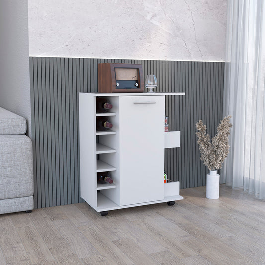 White bar cart with wine rack and storage