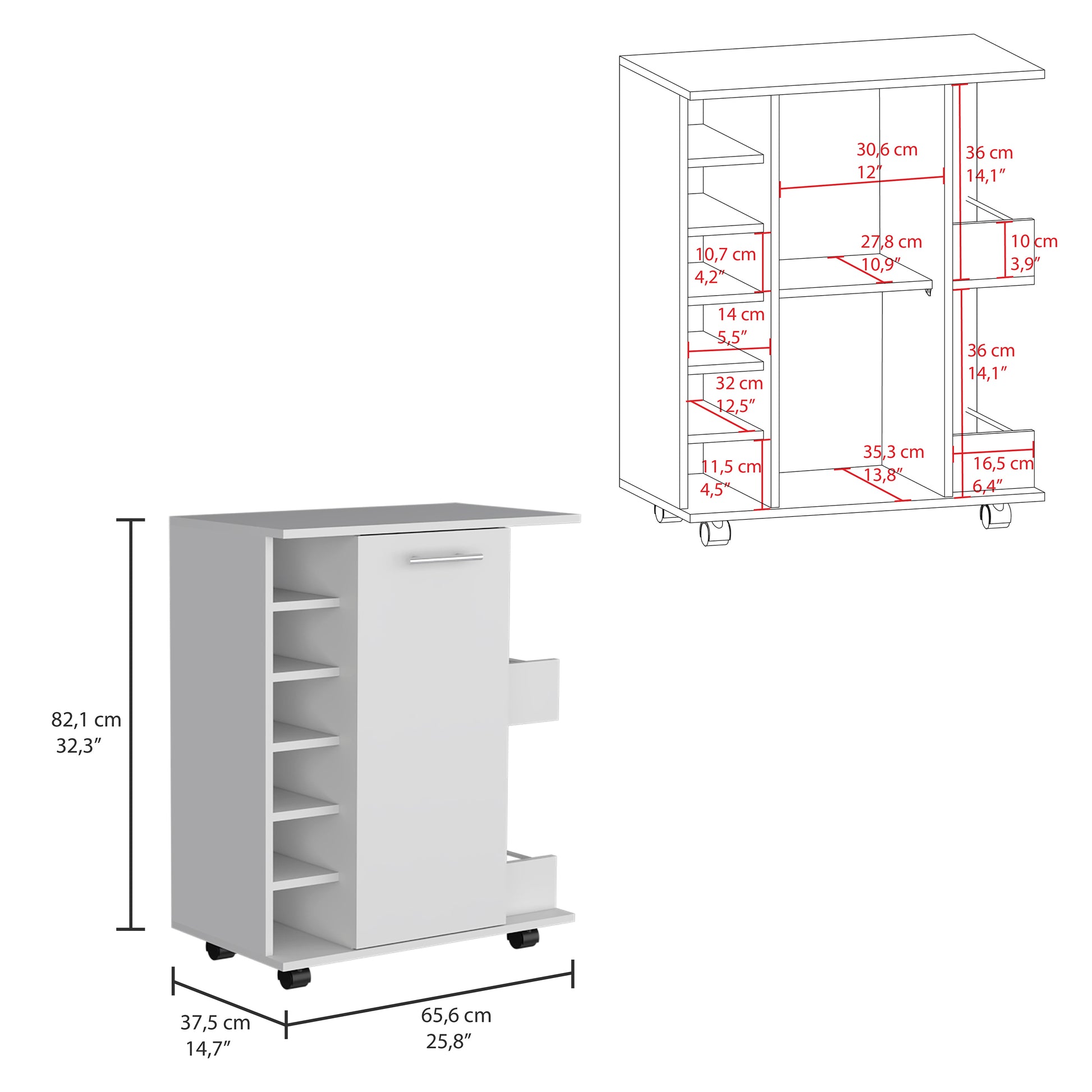 White rolling kitchen cart with multiple shelves and a drawer