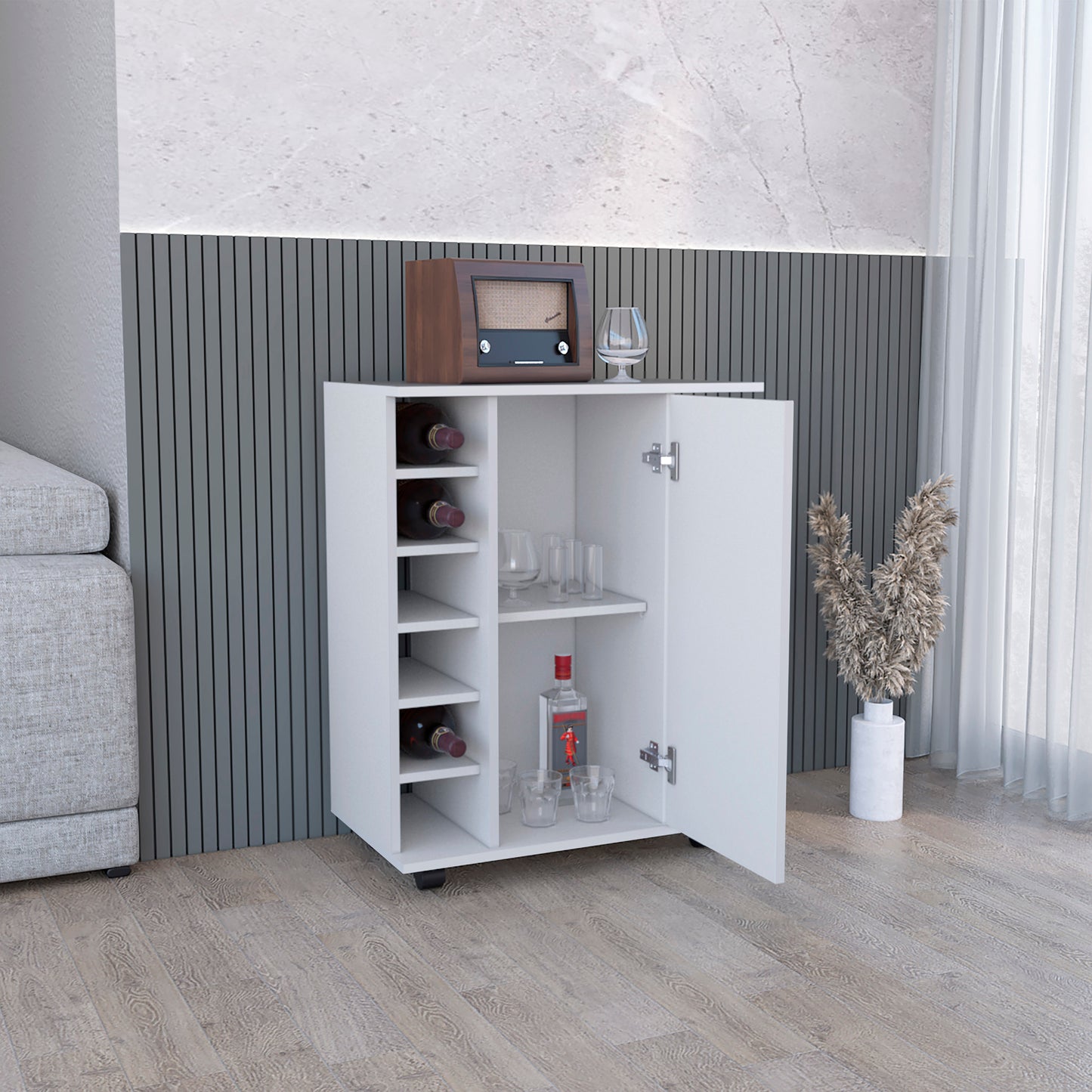 Modern white bar cabinet with bottle and glass storage
