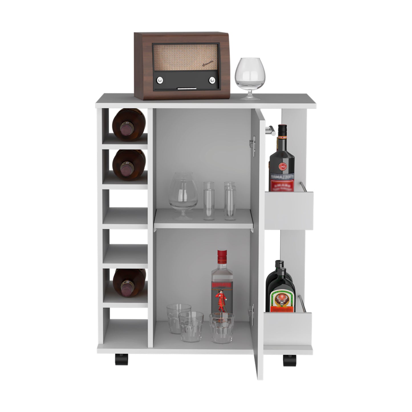 White mobile bar cart holding liquor bottles and glassware
