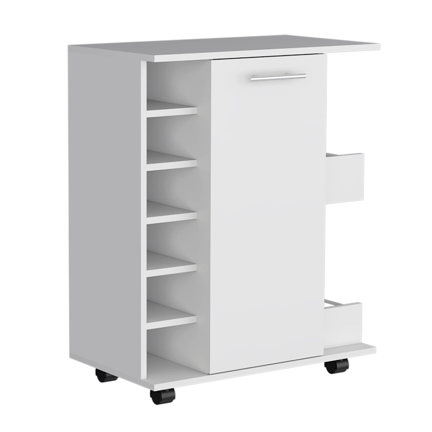 White mobile bar cart with wine rack and drawer