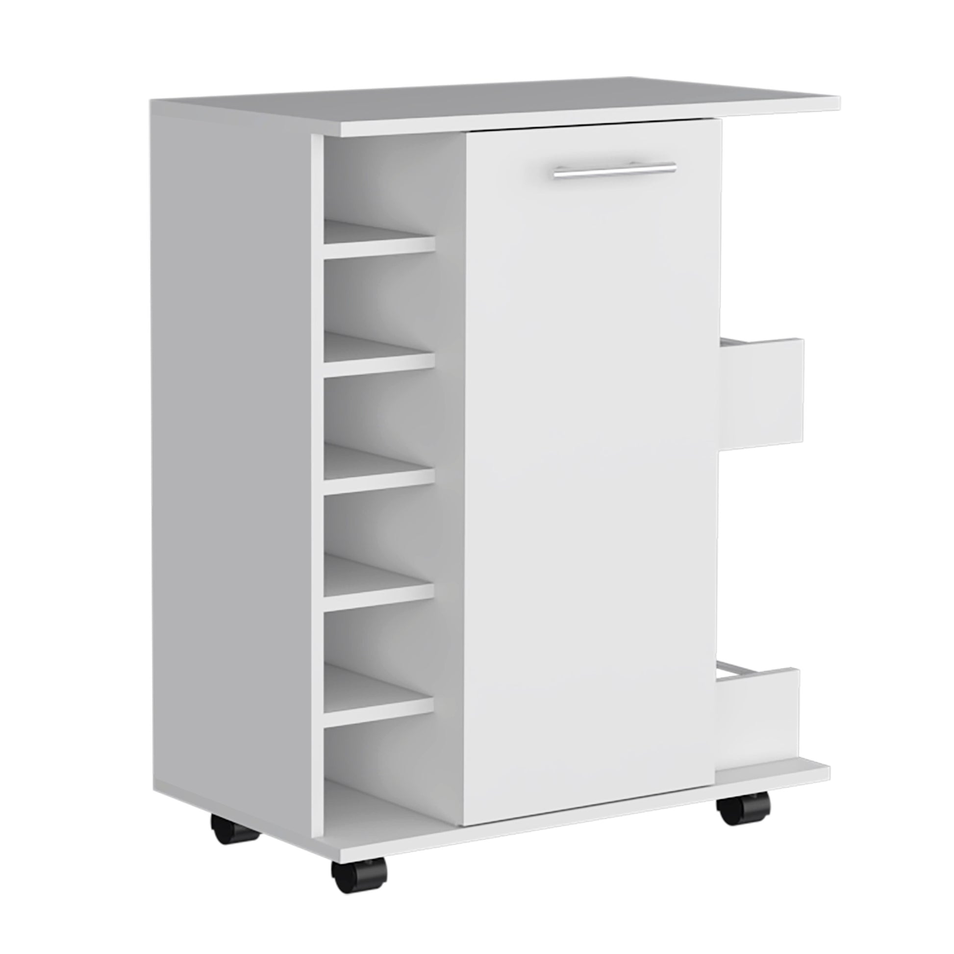 White mobile bar cart with wine rack and drawer