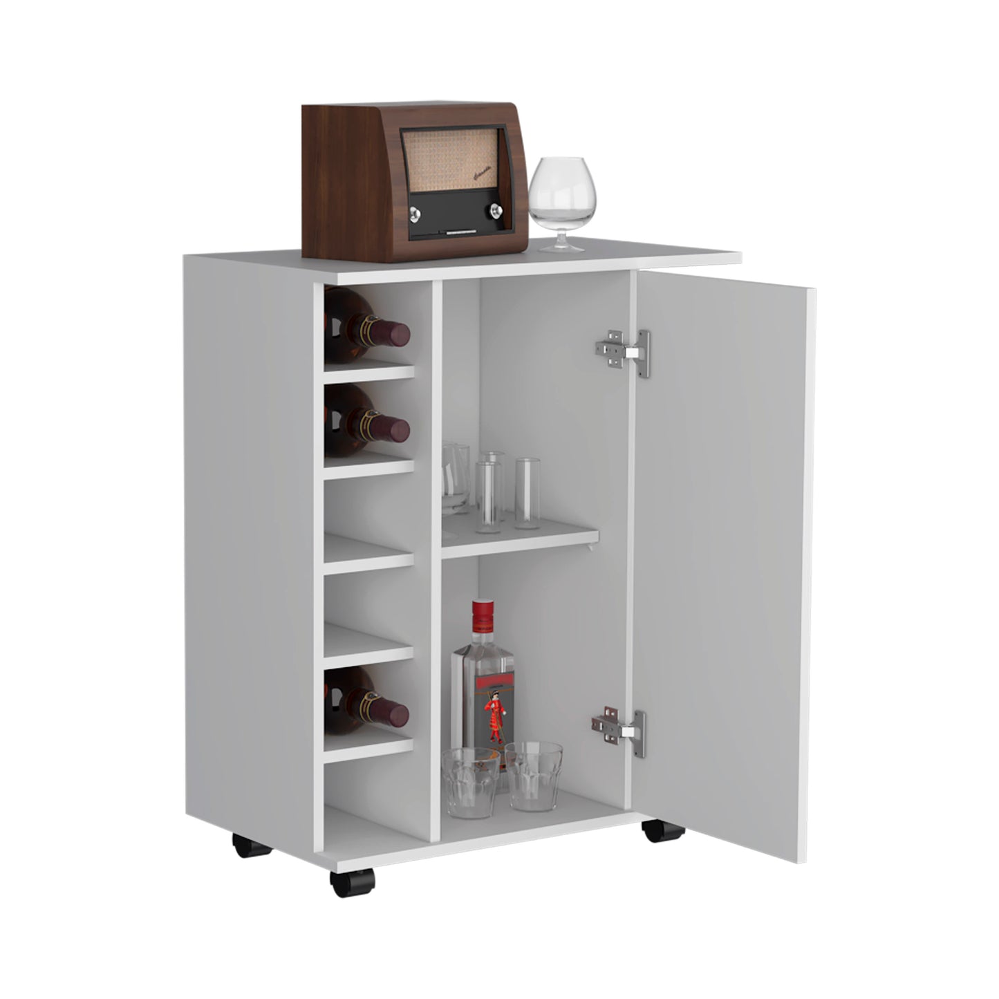 Modern white bar cart with wine rack and cabinet storage