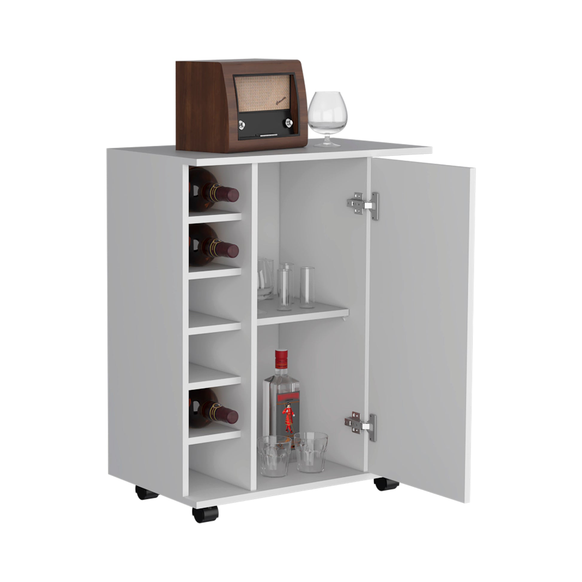Modern white bar cart with wine rack and cabinet storage