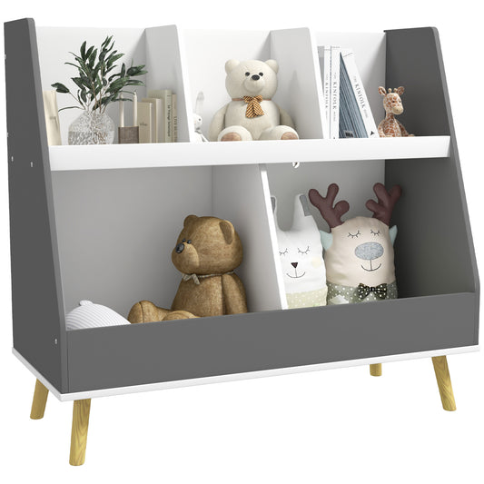 Gray and white modern bookshelf for kids with plush toys and books