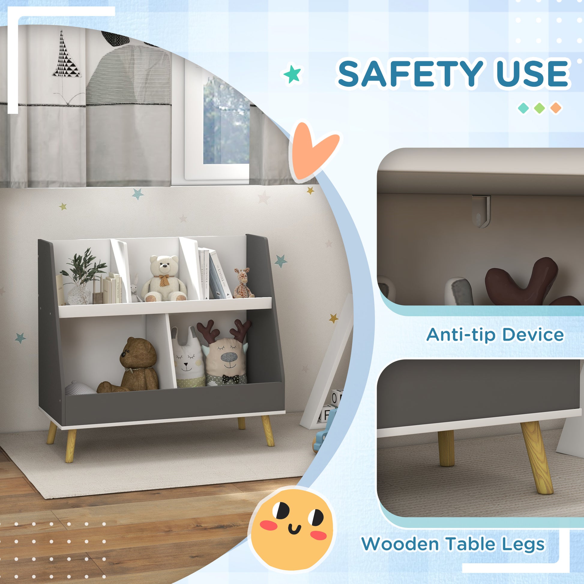 Dark gray modern bookshelf with white shelves and wooden legs perfect for kids rooms