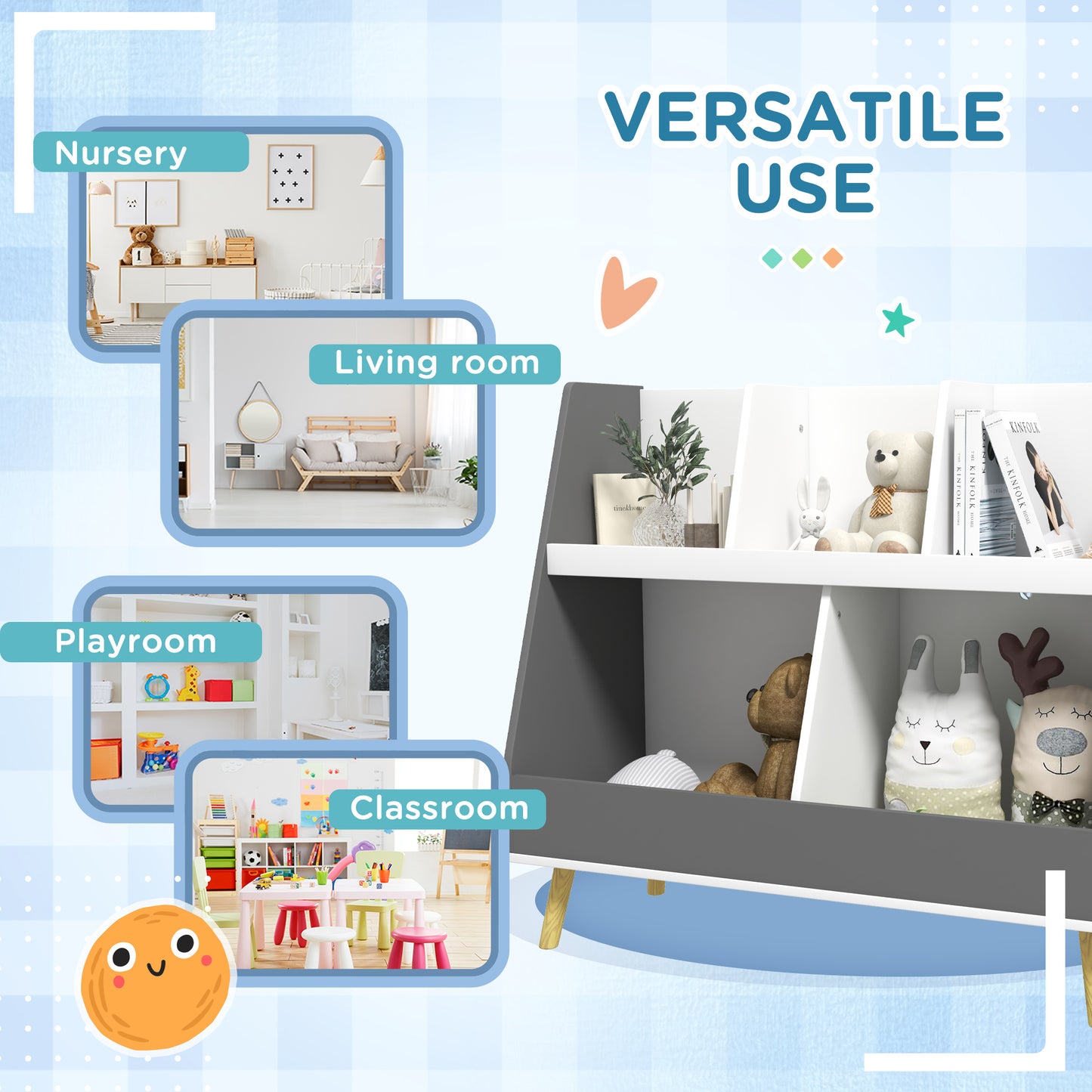 Modern grey bookshelf with white shelves holding plush toys and books