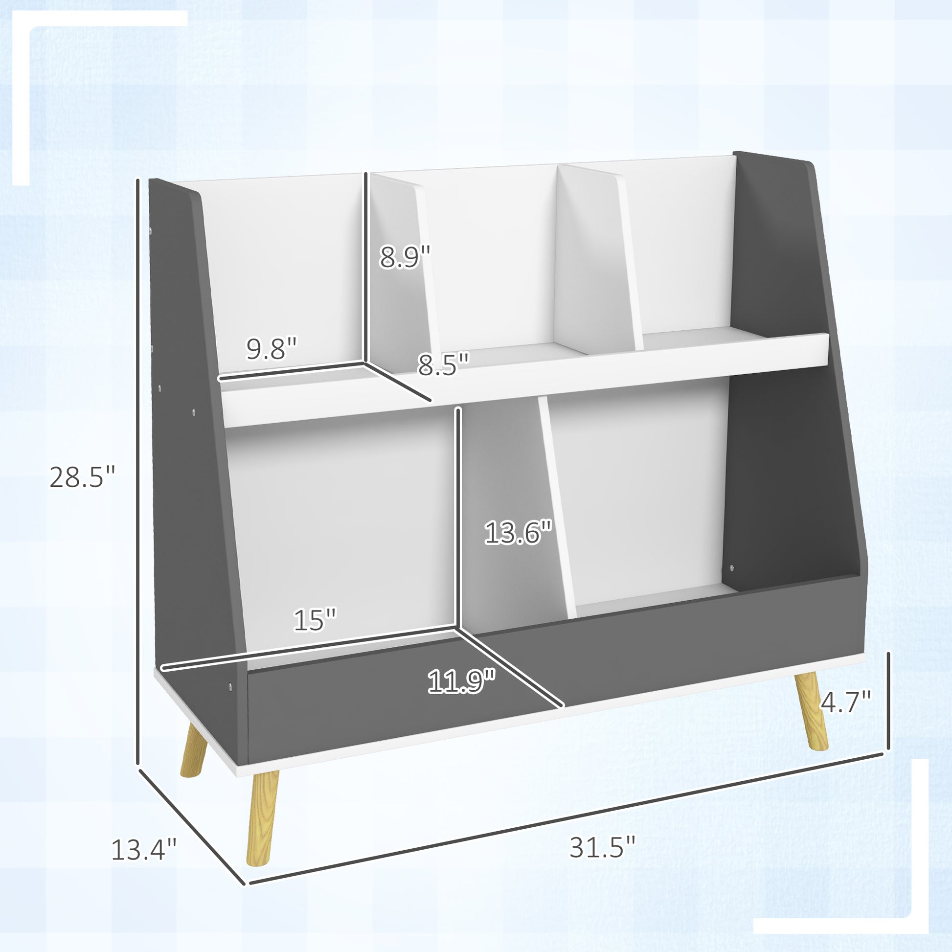 Modern gray and white storage bookshelf with angled wooden legs and  compartments for toys