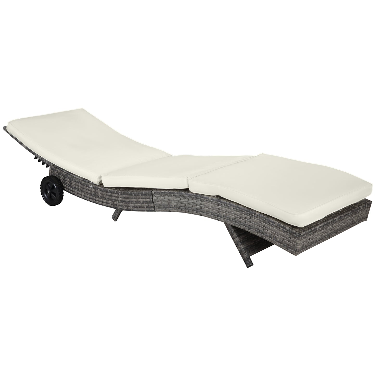 Gray wicker patio chaise lounge with adjustable back and cream cushions featuring wheels