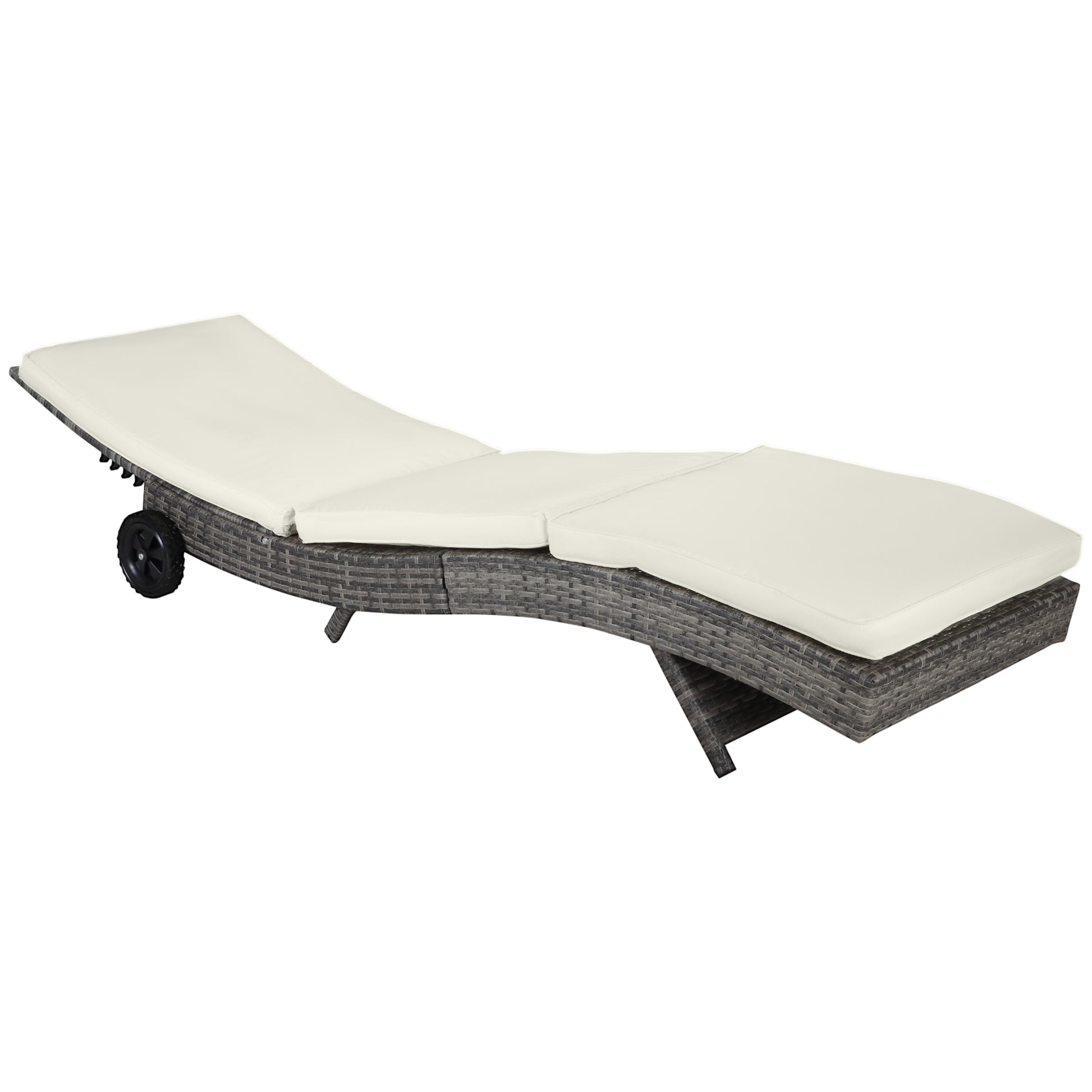 Gray wicker patio chaise lounge with adjustable back and cream cushions featuring wheels