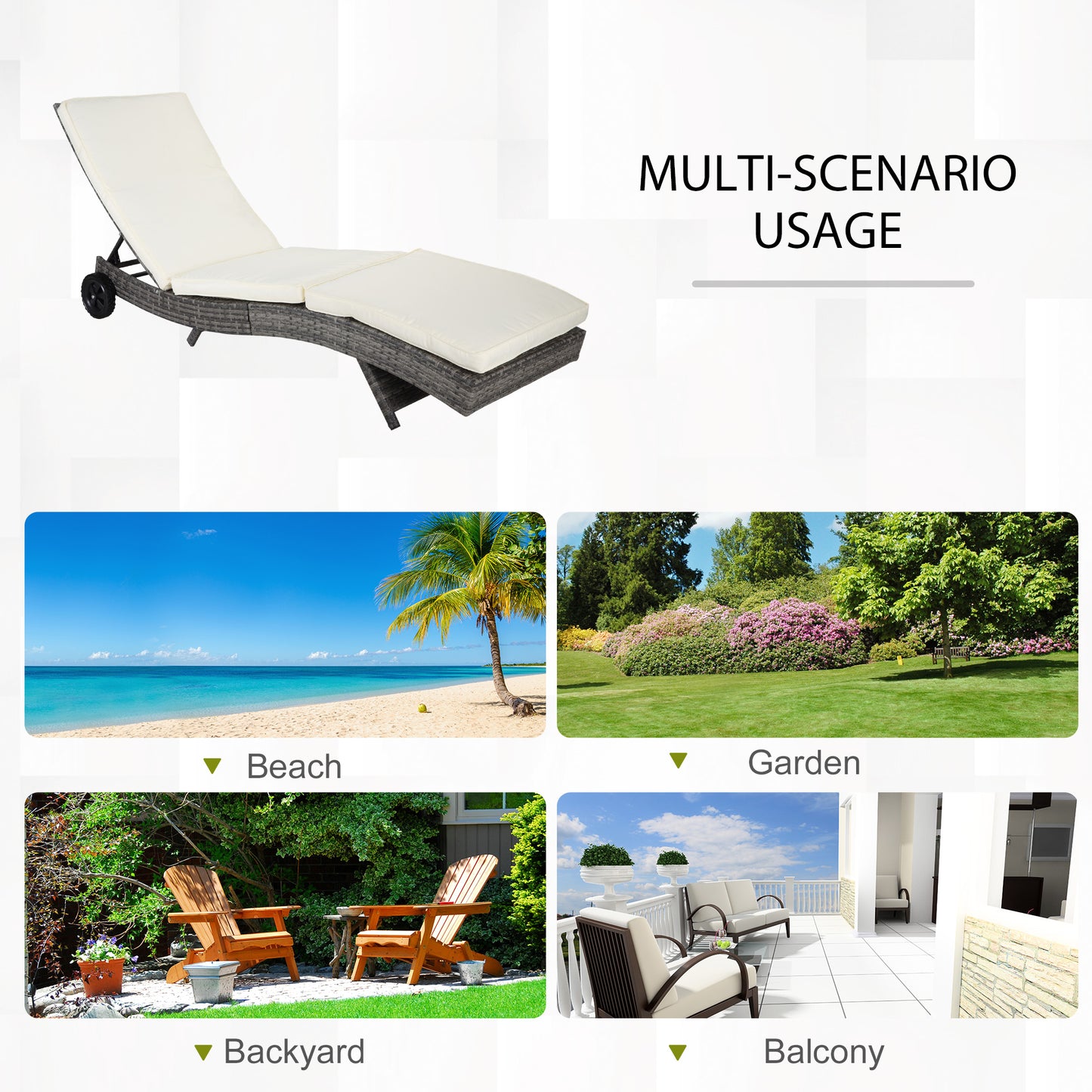 Adjustable grey wicker chaise lounge with cream cushion and wheels