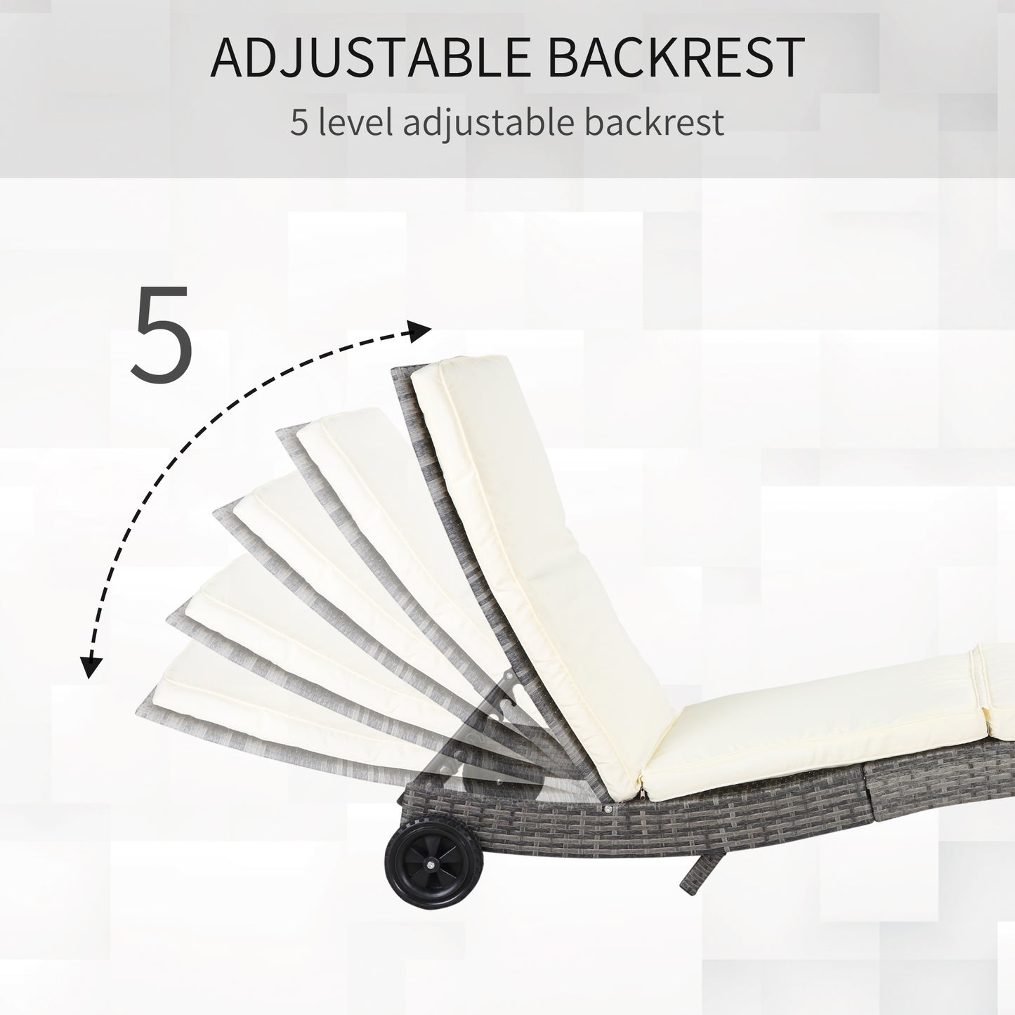 Gray wicker chaise lounge with adjustable backrest and cream cushions