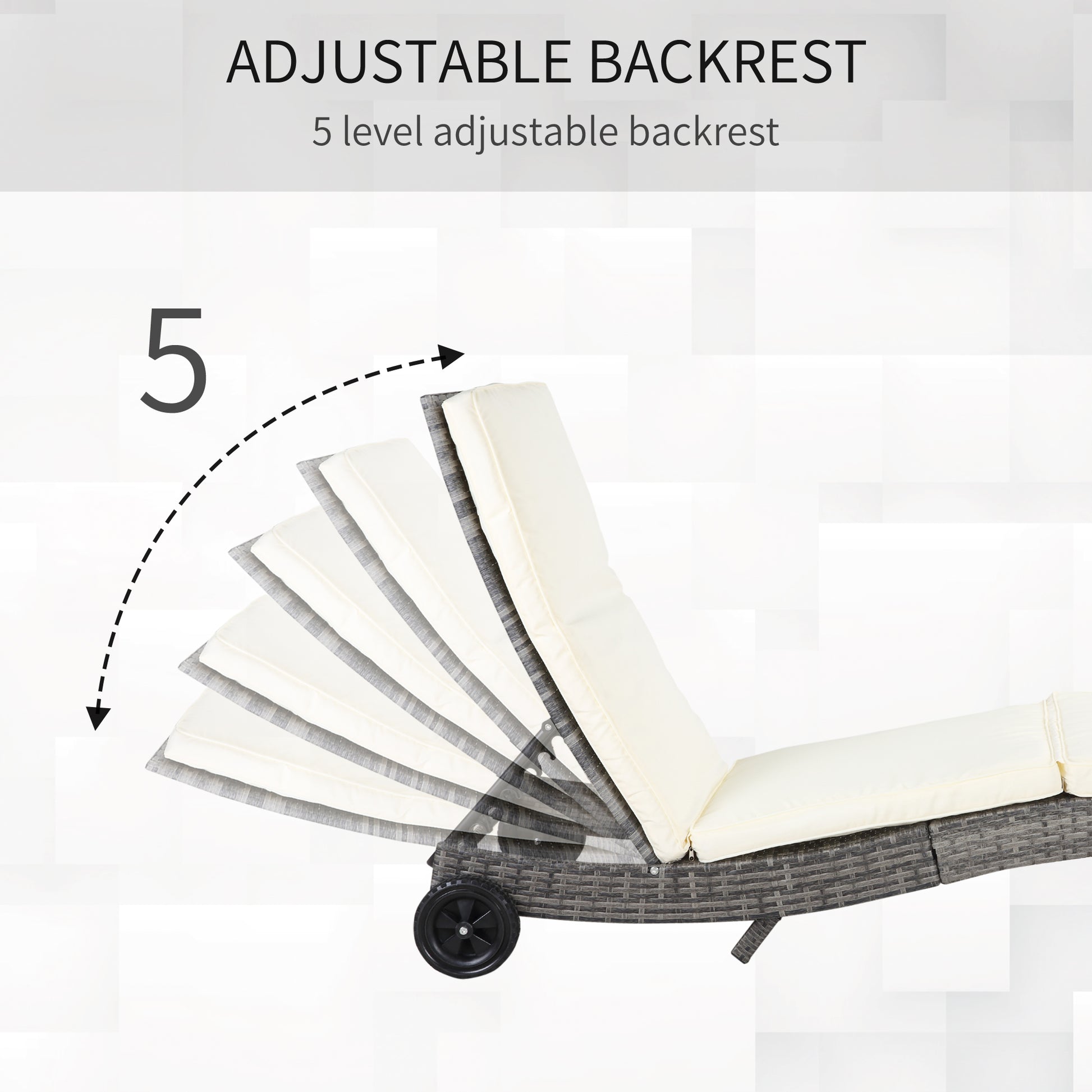 Gray wicker chaise lounge with adjustable backrest and cream cushions