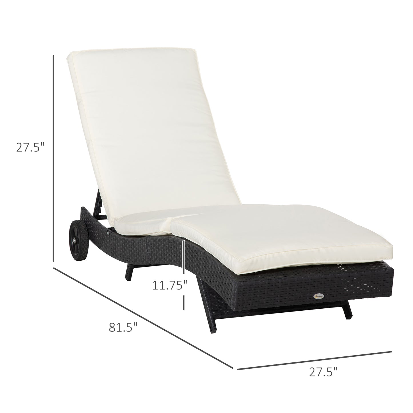 Black rattan adjustable outdoor chaise lounge with cream cushions and wheels