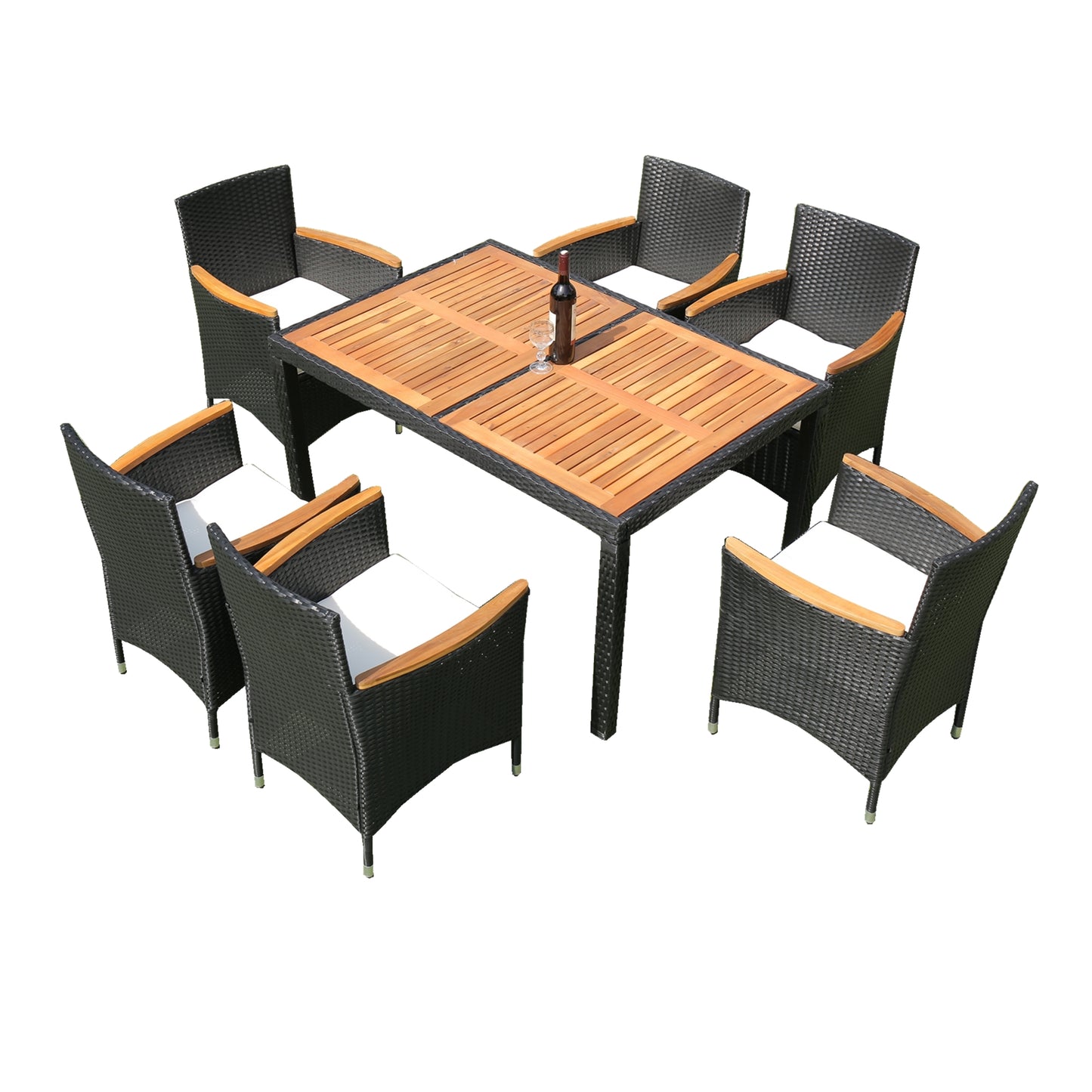 Black wicker outdoor dining set with wood slatted table and six chairs