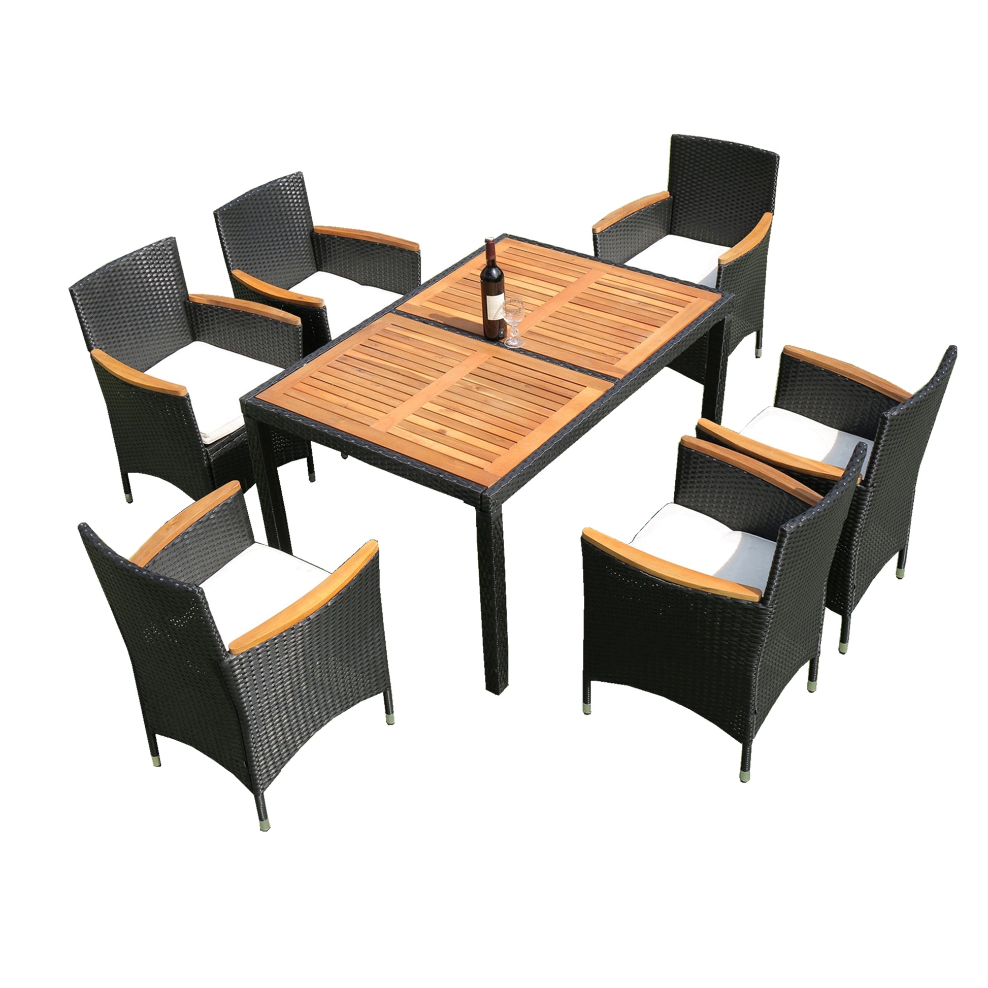 Black rattan patio dining set with wooden tabletop and white cushions