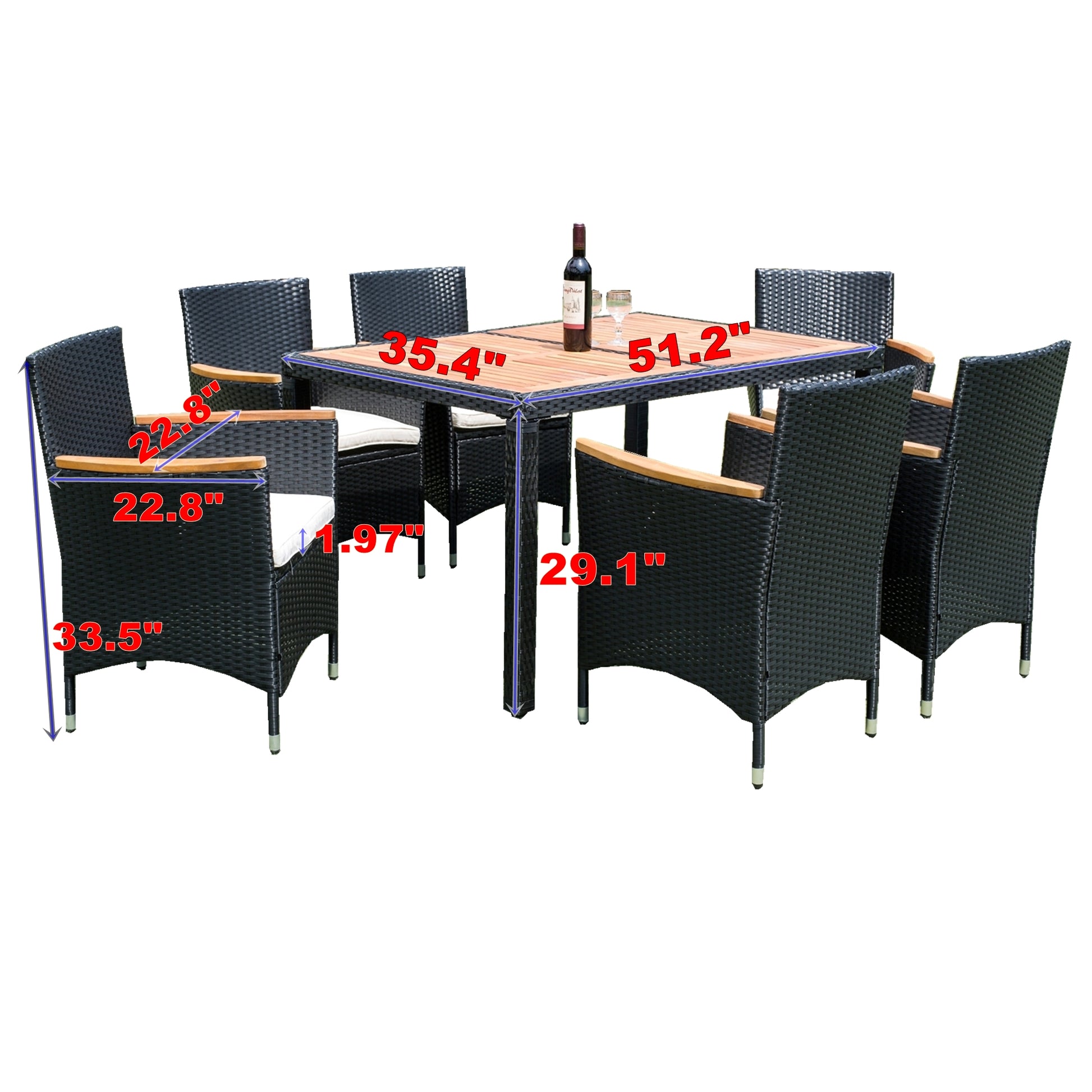 Black wicker patio dining set with wooden tabletop and seating for six people