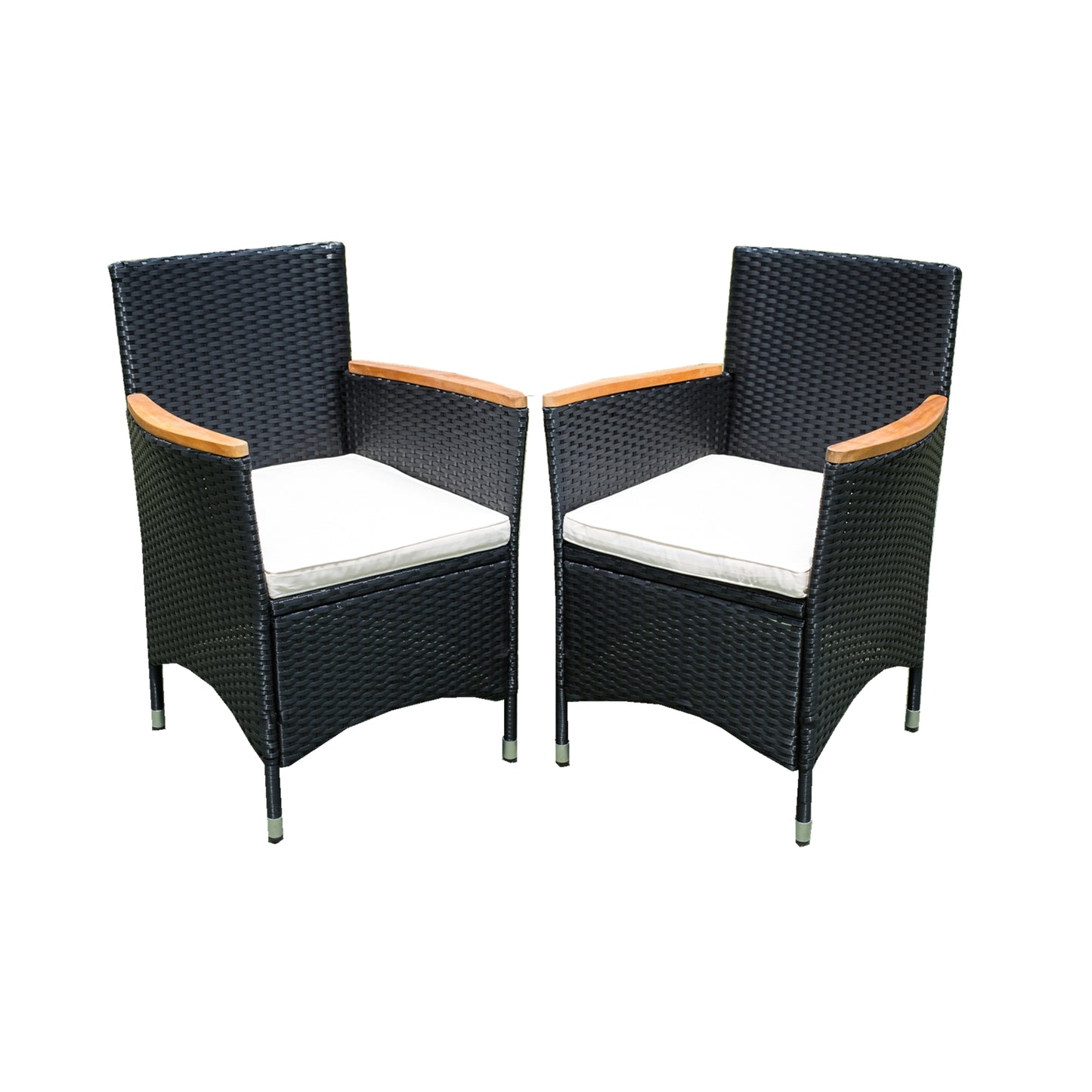 Pair of black rattan patio chairs with white cushions and wood armrests