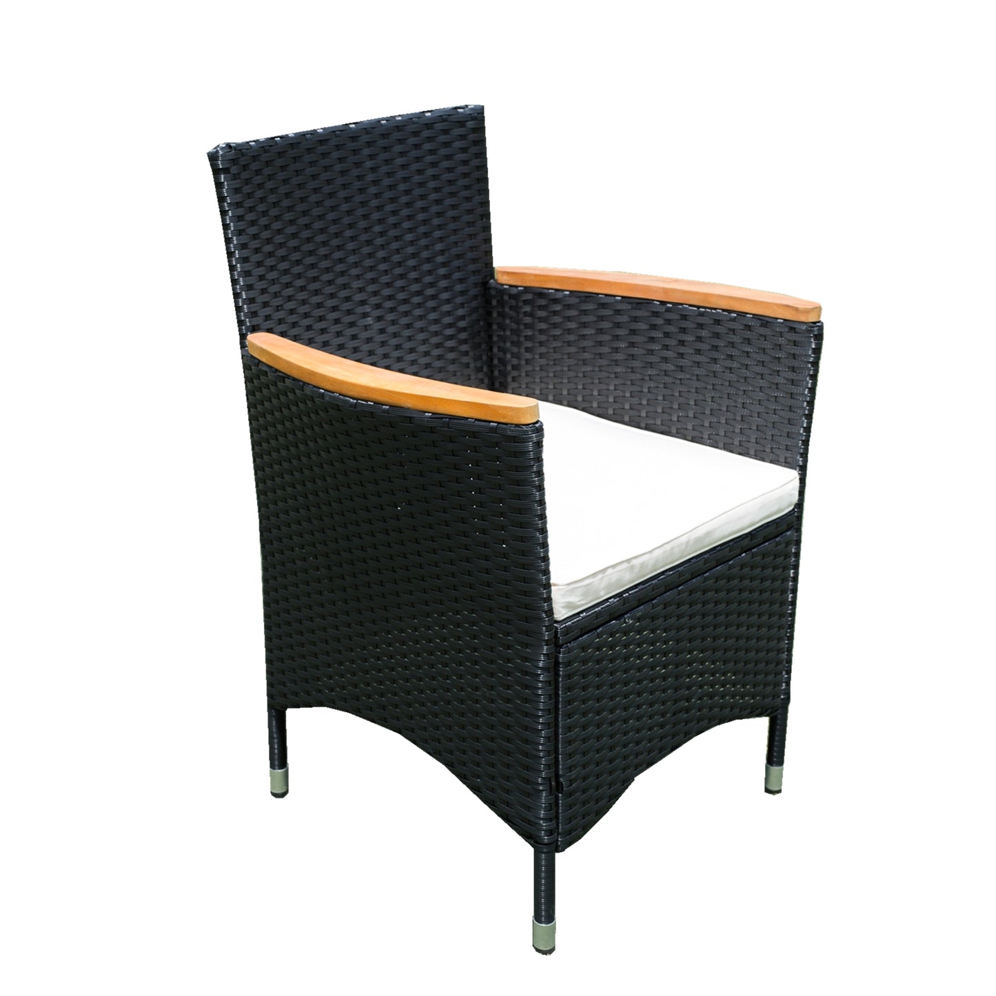 Black rattan armchair with wooden armrests and white cushion for outdoor patio use