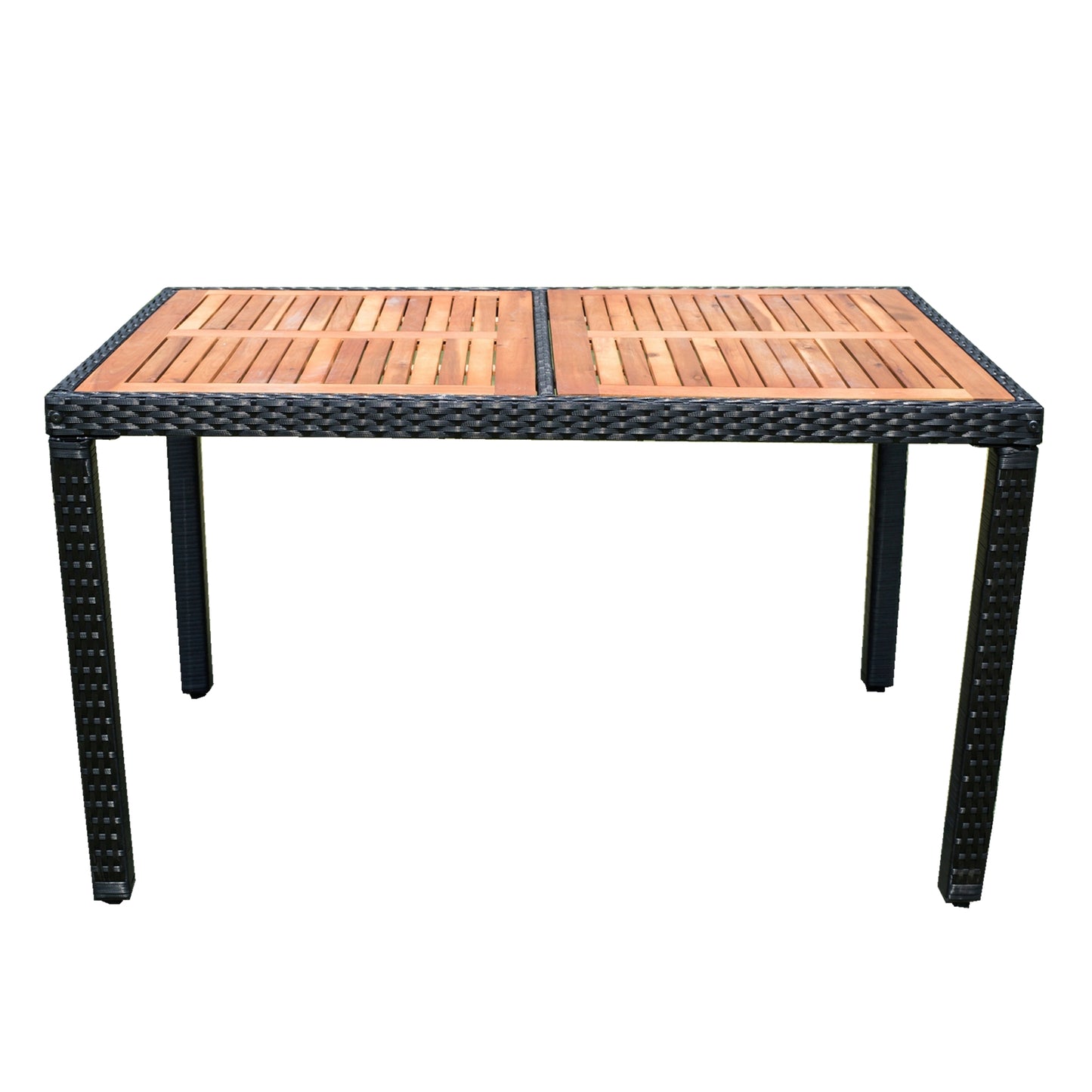 Rectangular outdoor dining table with slatted wood top and black wicker base