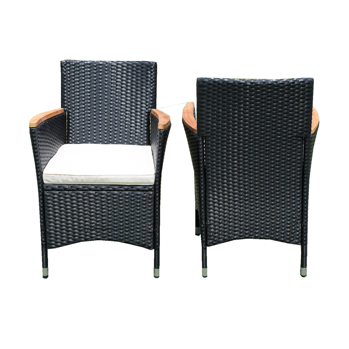 Two black rattan patio chairs with white cushions and wooden armrests perfect for outdoor seating