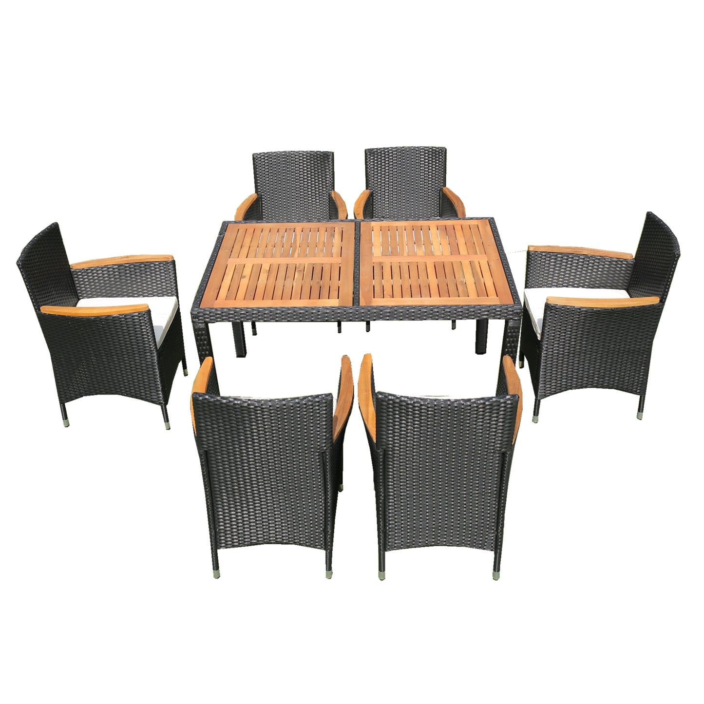 Black wicker patio dining set with wooden table top and chairs