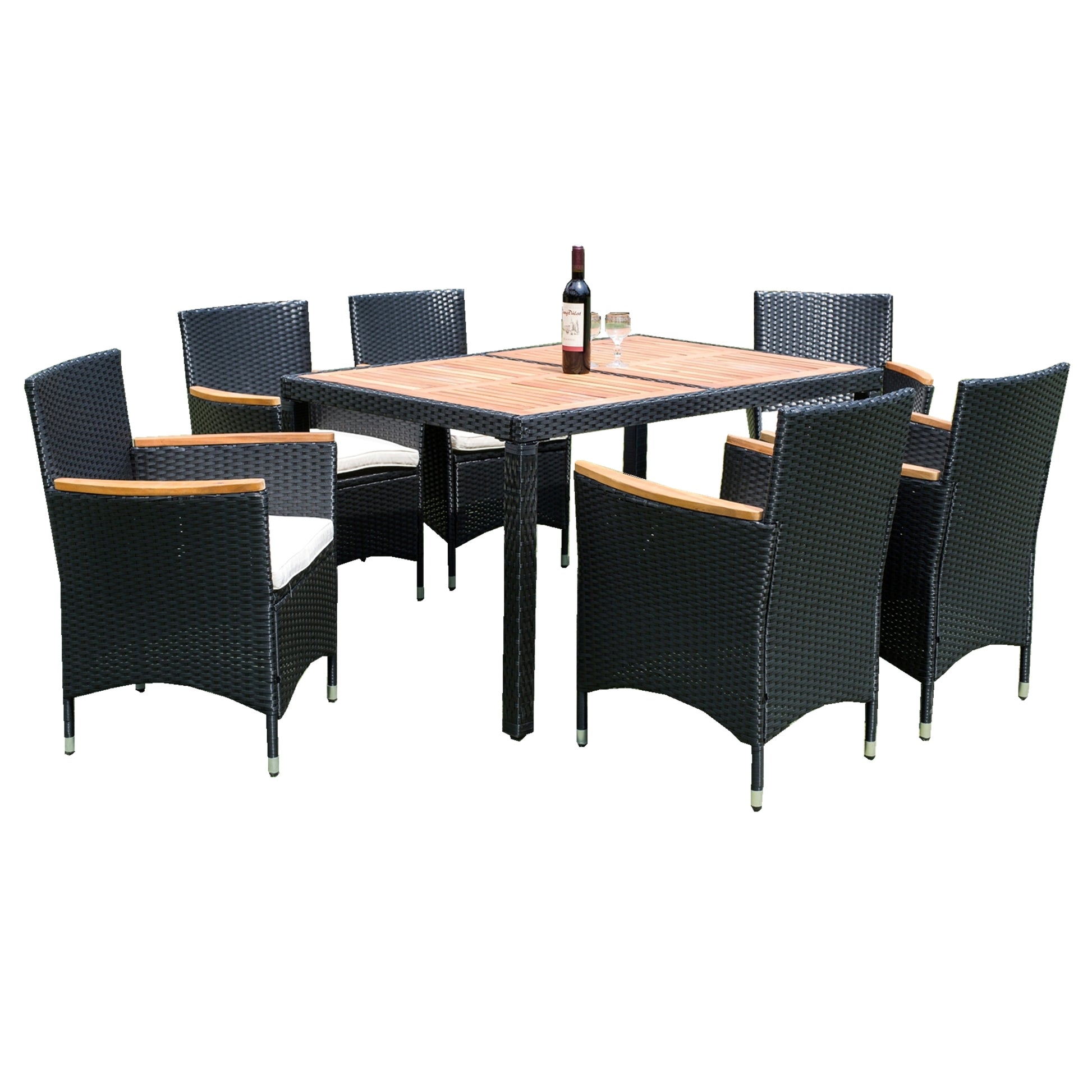 Black wicker patio dining set with wood table and white cushions for outdoor entertaining