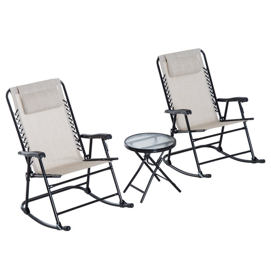 Two beige zero gravity chairs with black frames and a small glass top side table