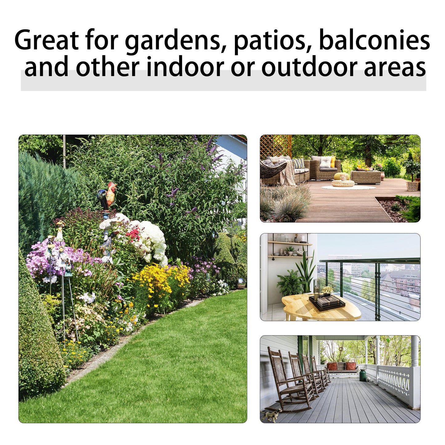 Lush green garden with colorful flowers and decorative rooster statue