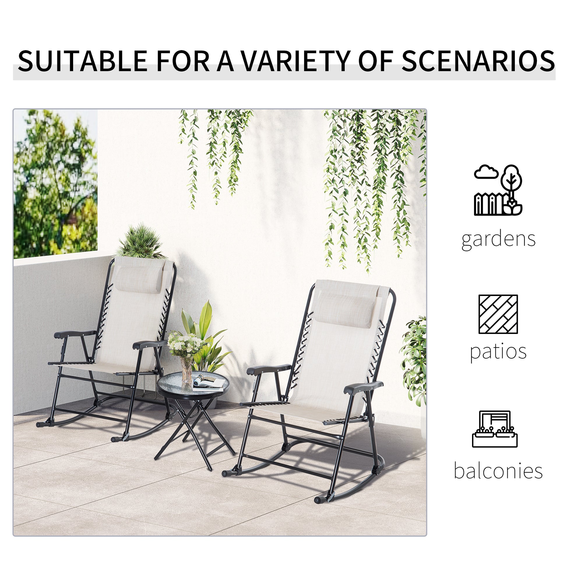 Pair of beige zero gravity chairs on a patio with a glass table between them