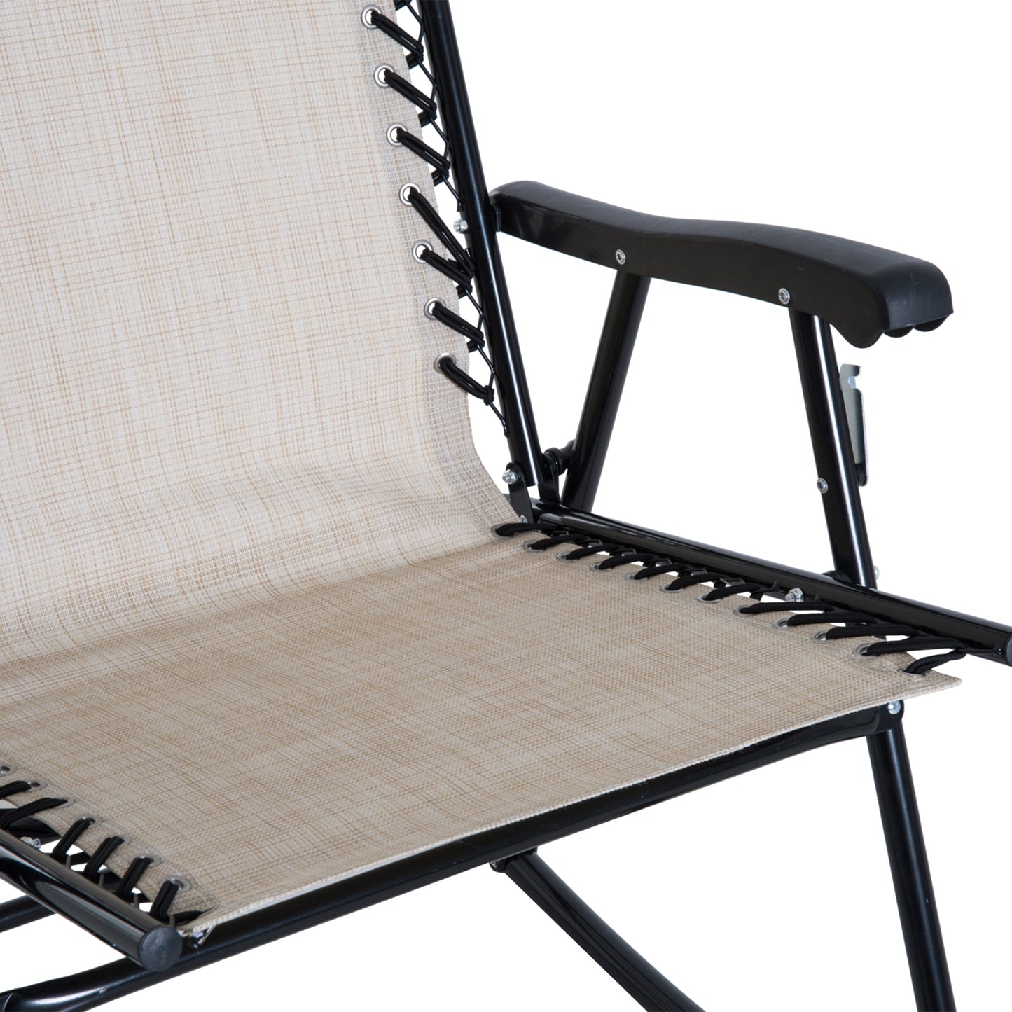 Beige fabric zero gravity chair with black frame and armrests