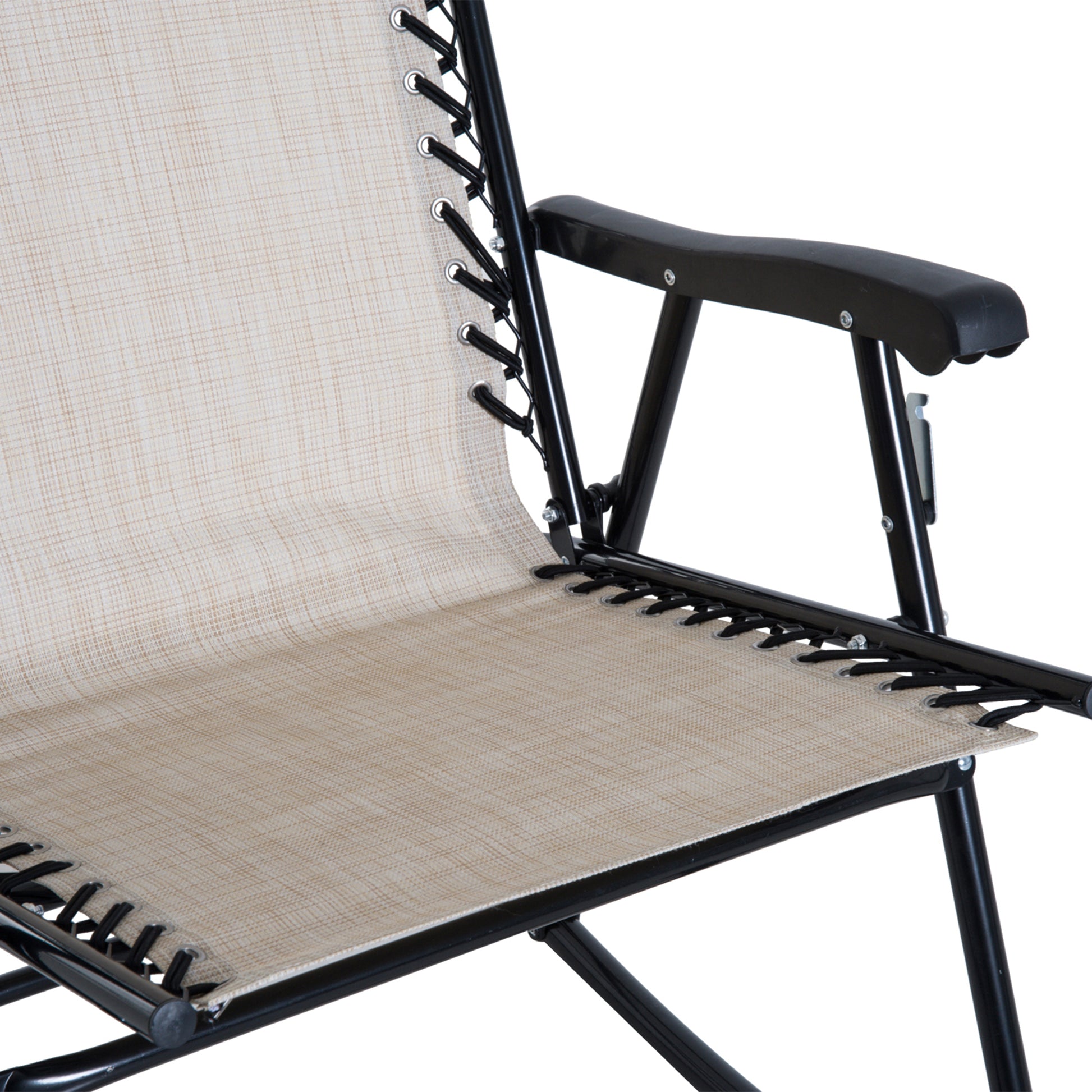 Beige fabric zero gravity chair with black frame and armrests