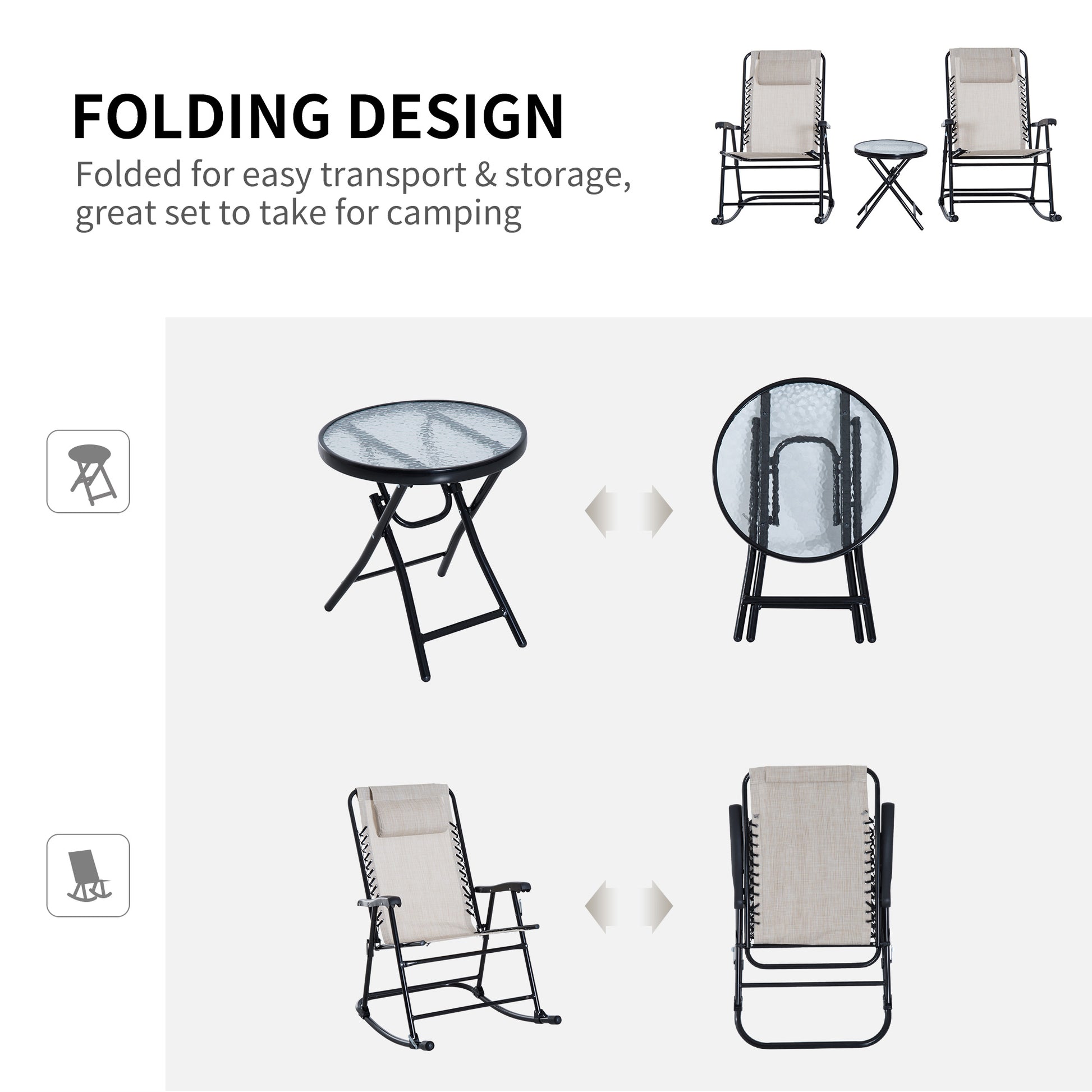 Beige fabric patio rocker chair with black frame shown unfolded for outdoor use
