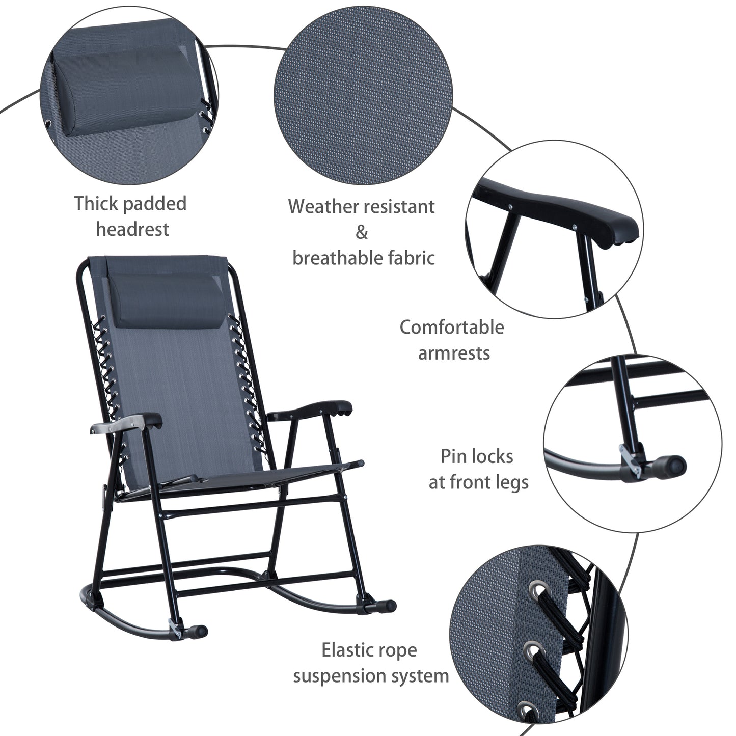 Gray zero gravity chair with padded headrest and elastic rope suspension system