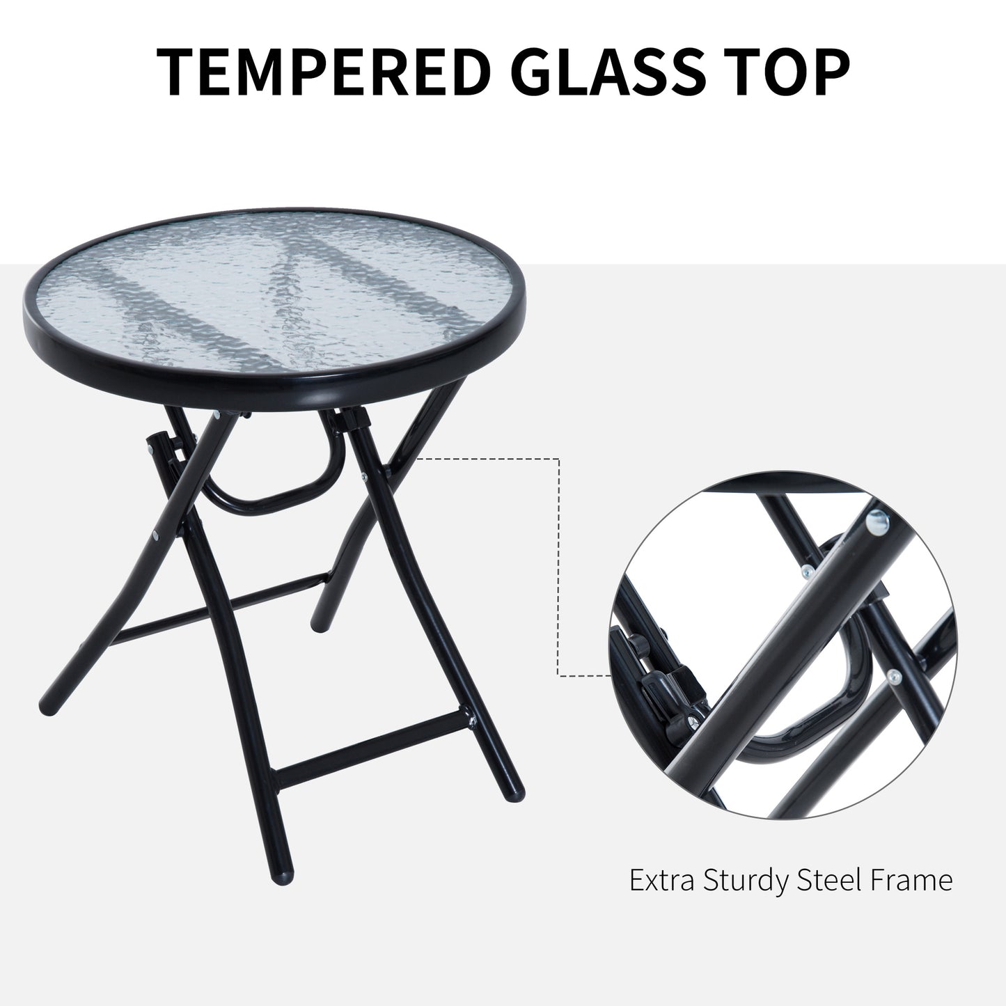 Round patio side table with a textured tempered glass top and black folding steel frame