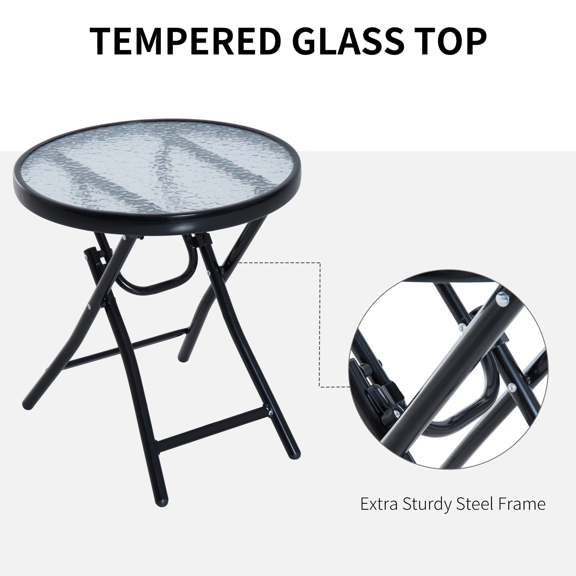 Round patio side table with a textured tempered glass top and black folding steel frame